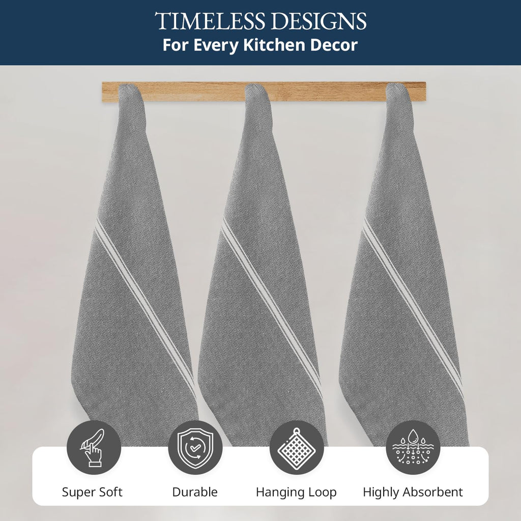 Kitchen Towel Set - 100% Cotton Towels, Reusable Dish Cloths, Grey Dish Towels for Kitchen, Soft Absorbent Tea Towels, Durable Hand Towels, 14” x 25” - 6 Pack