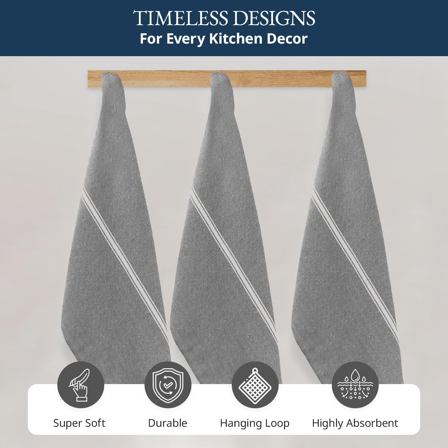 Kitchen Towel Set - 100% Cotton Towels, Reusable Dish Cloths, Grey Dish Towels for Kitchen, Soft Absorbent Tea Towels, Durable Hand Towels, 14” x 25” - 6 Pack