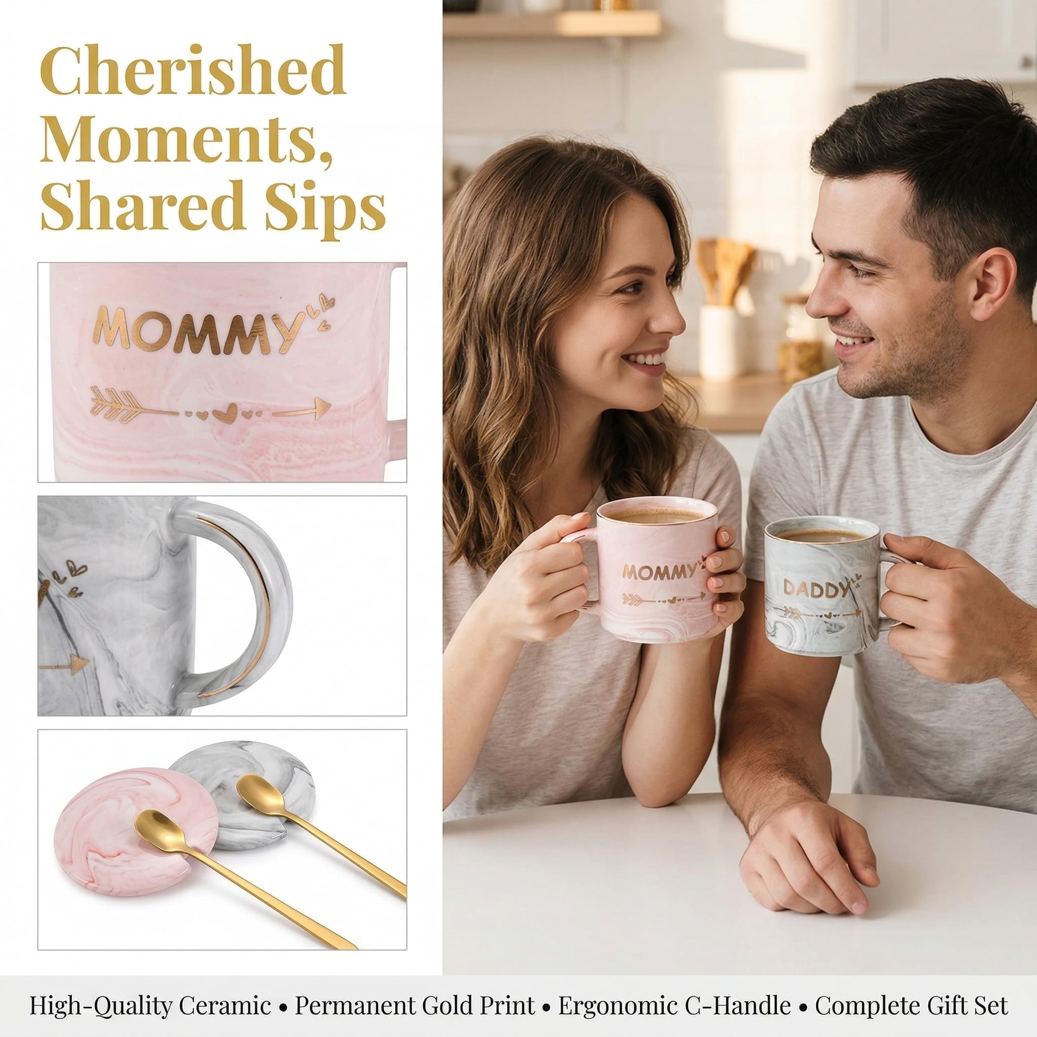 WUWEOT 2 Pack Dad and Mom Coffee Mug Set for Parents to be, New Mom and First Time Pregnancy Gifts for Christmas, Marble Ceramic Coffee Cup Set with Gift Box, Lid, Spoon (10OZ)