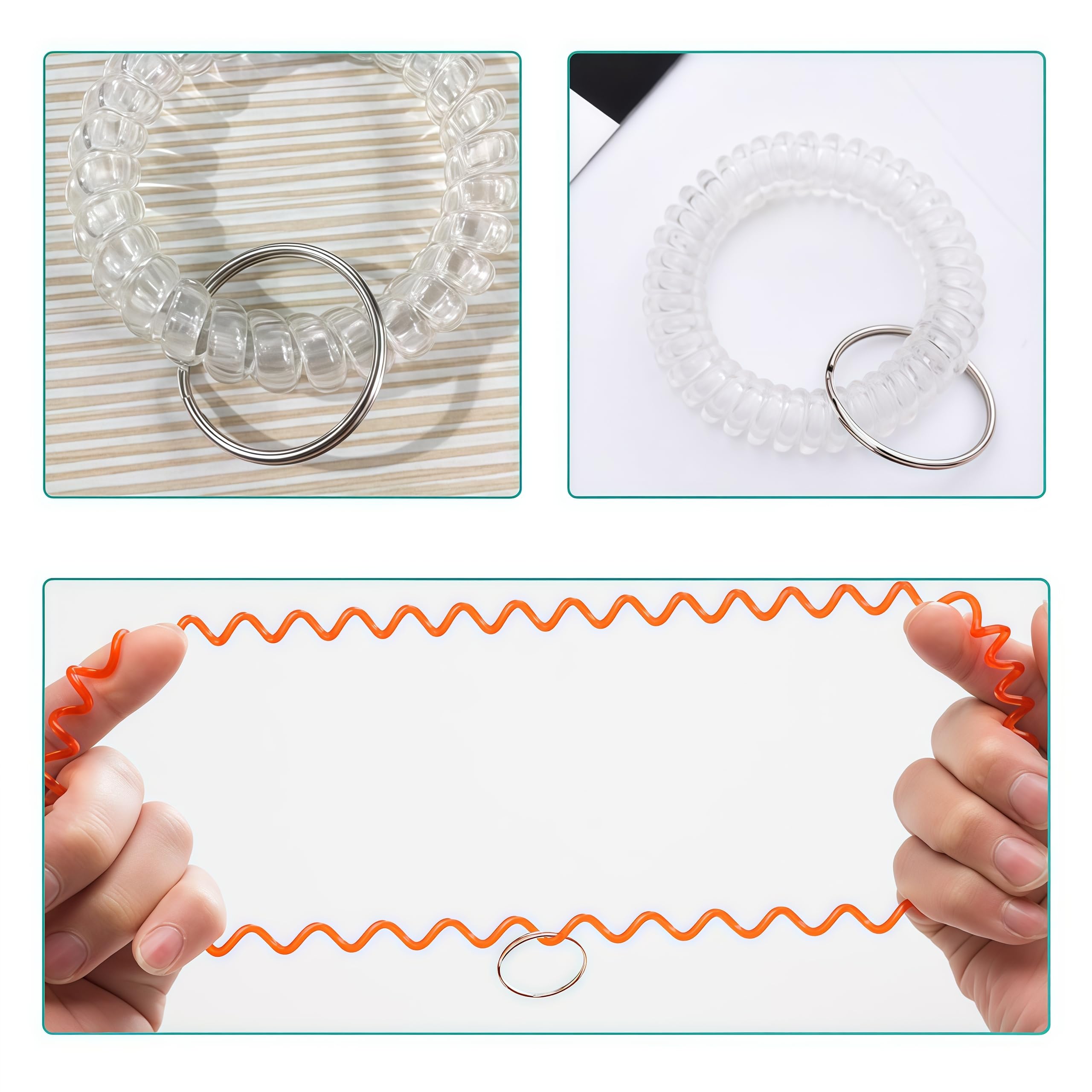 Loopunk 50 pcs Wristband Keychains, Plastic Coil Stretch Elastic Spring Spiral Bracelet Key Ring for Gym Pool ID Badge for Keychain Pet Luggage Bag(transparent)
