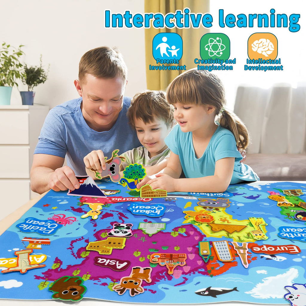 Taika 43x28 inch World Map Felt Board Set, World Map Felt Story, Inertactive Geography Flannel Board, Thicker Flannel Board Set, Preschool Learning Toy for 4+