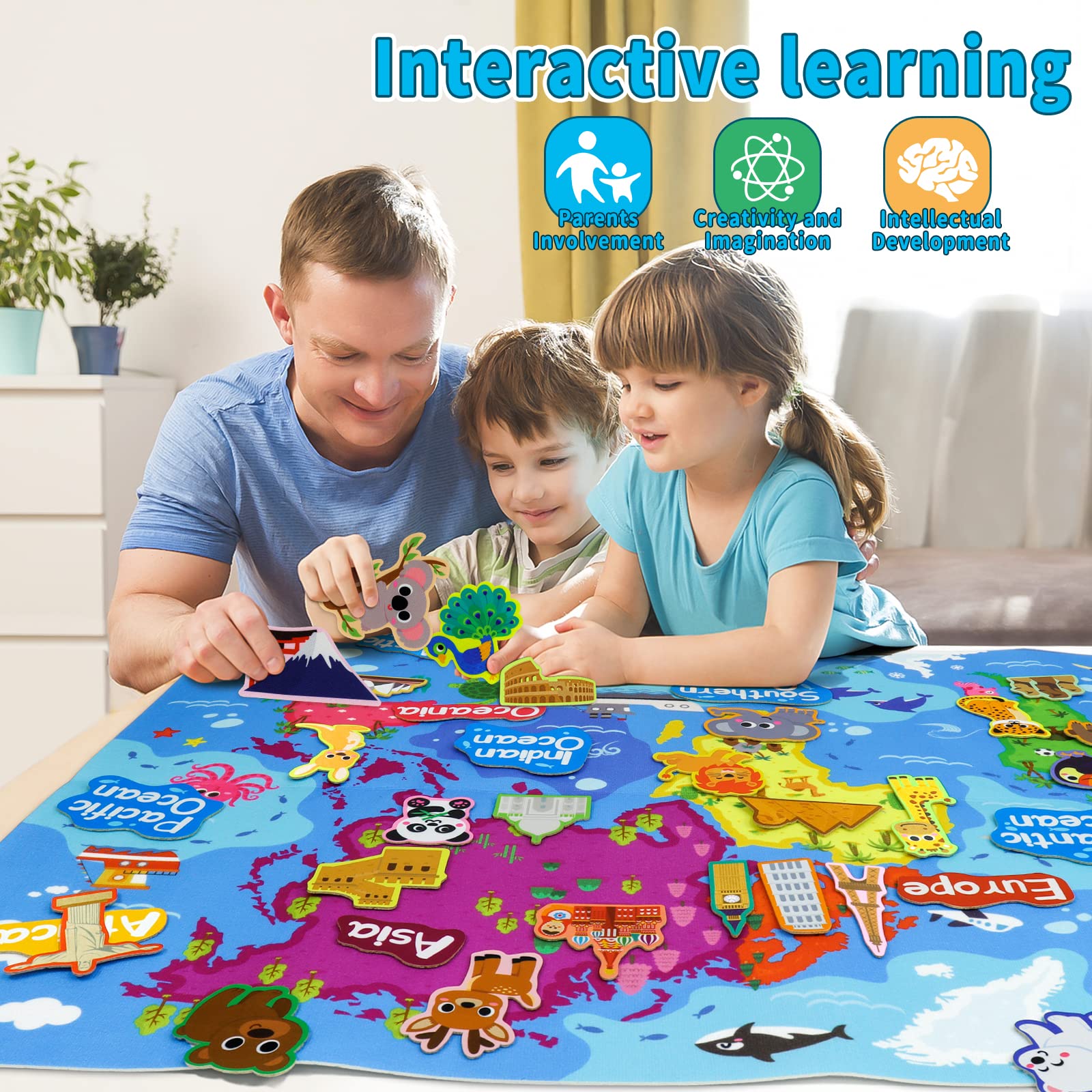 Taika 43x28 inch World Map Felt Board Set, World Map Felt Story, Inertactive Geography Flannel Board, Thicker Flannel Board Set, Preschool Learning Toy for 4+