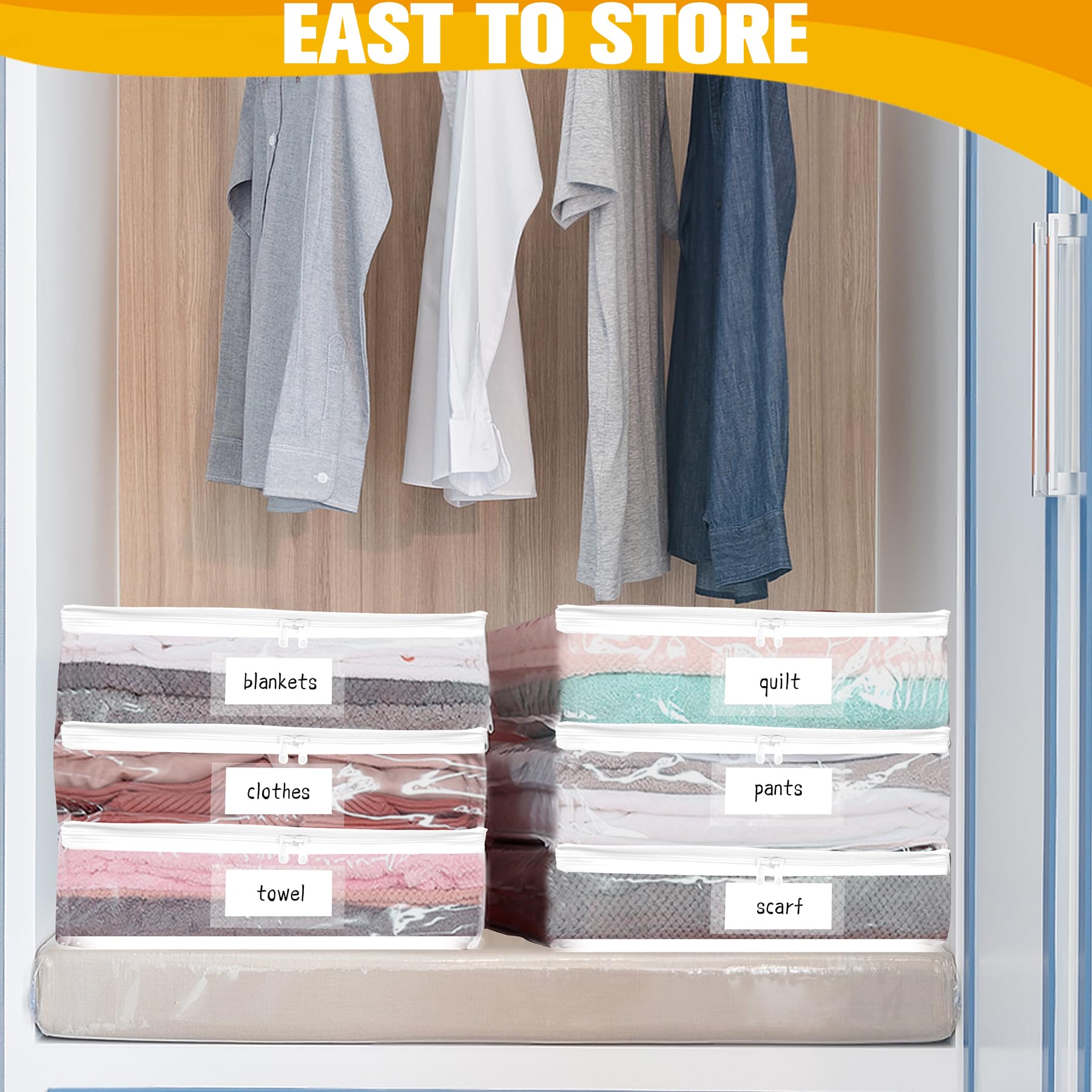 Plastic Storage Bags with Easy-Glide Zipper, Pack of 6, Durable Clear Vinyl Zippered Storage Bags for Clothes Sweaters Comforters Blankets Sheets Bedding (15.7 x 13.8 x 3.9 Inch)