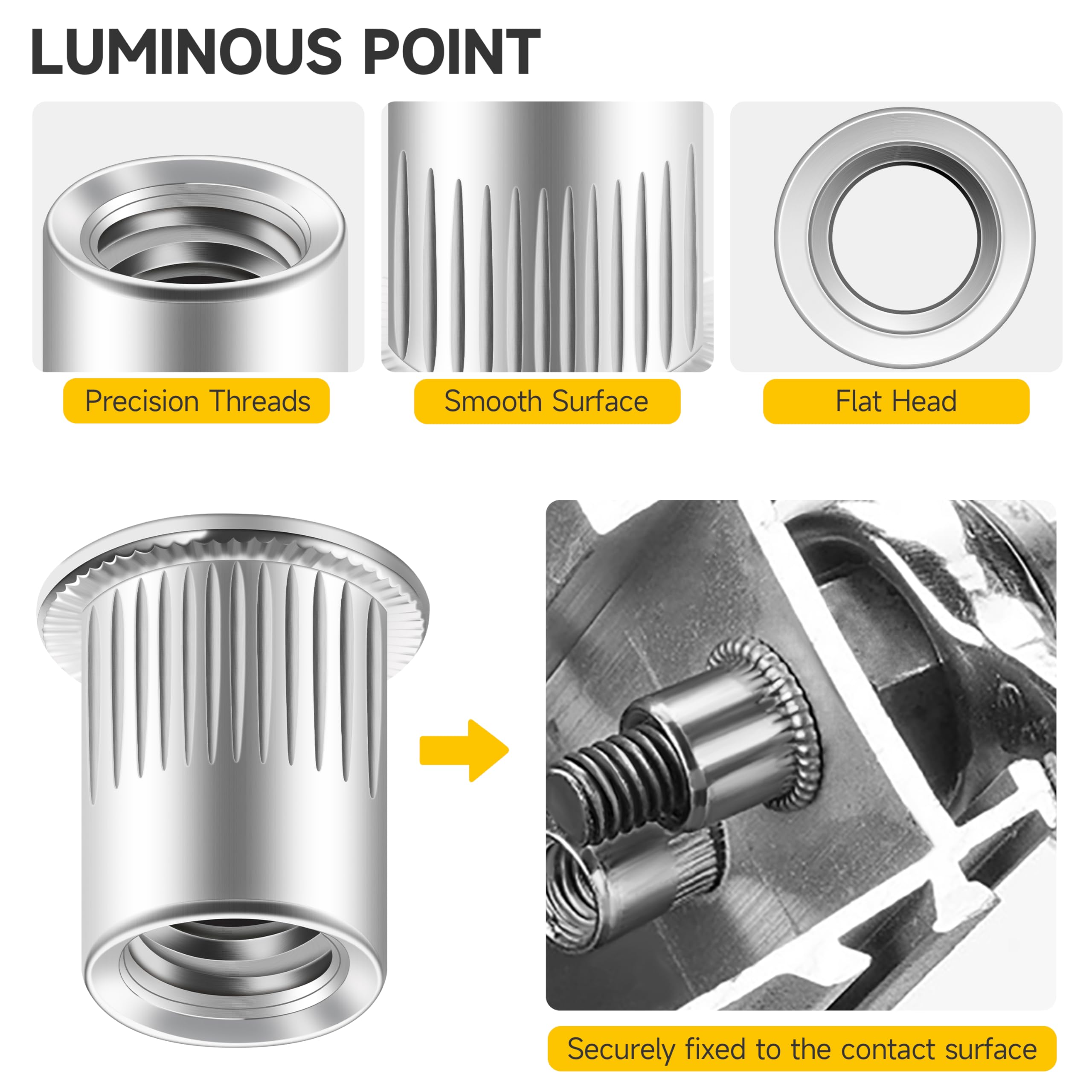 Mywish 100Pcs 1/4-20 Rivet Nuts Hardware Nuts, 304 Stainless Steel Flat Head RIV Nuts, 1/4 20 Nut Threaded Inserts Rivnuts for Wood & Metal, 1/4 UNC Rivnuts Rivets Nutsert