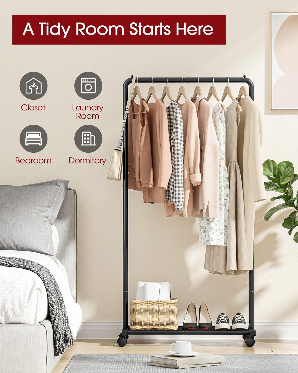 Sakugi Clothing Rack - Movable Multi-Functional Coat Rack with 4 Universal Wheels, Long-Lasting Metal Clothes Rack with Extra Storage Shelf for Bedroom, Office, Laundry(Black, 73W x 43.5D x 150H cm)