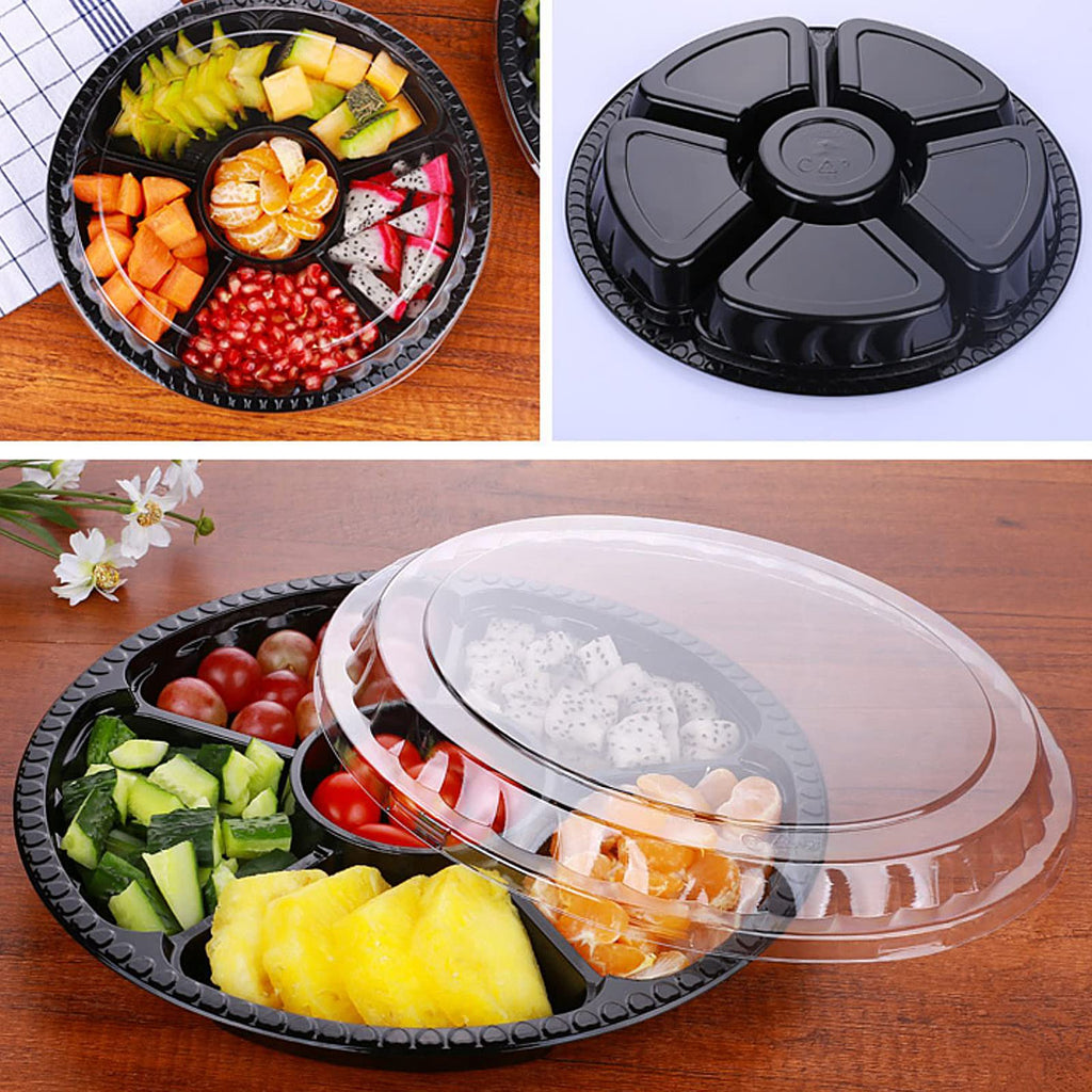 mwellewm 10 Pcs Round Plastic Appetizer Tray with Lid,Divided Serving Tray, Disposable Food Storage Trays Containers, Plastic Tray Storage,Fruit Platter Vegetable Trays for Party and Buffet 10.4 Inch