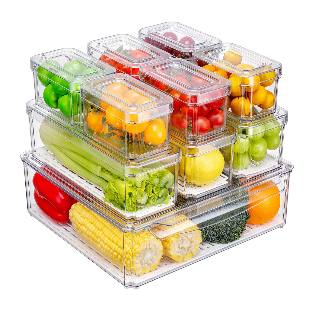 Pure Future 10-Pack Fridge Organizers and Storage with Lids - Clear Plastic Refrigerator Bins with Drain Trays - Stackable Produce Saver for Fruit, Veggies and Pantry, BPA-Free