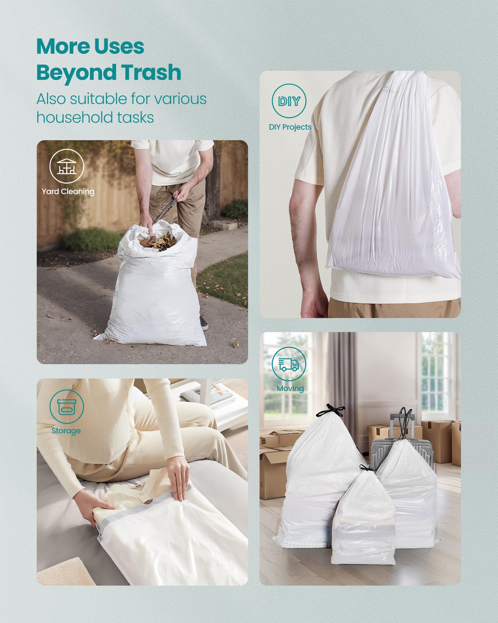 SONGMICS Trash Bags for 5.3 Gallon (20 L) Trash Cans, Drawstring Kitchen Garbage Bags, Pre-Separated, Quick-Dispense Box, Liner Code L, 4 Rolls, 160 Count, White UKRB021A04