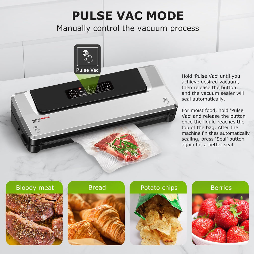 Bonsenkitchen Vacuum Sealer Machine, 90Kpa Powerful Food Sealer, Multi-Functional Food Vacuum Sealer with Vacuum Bags & Accessory Hose,Globefish Technology for High-Speed Continuous Working, Silver