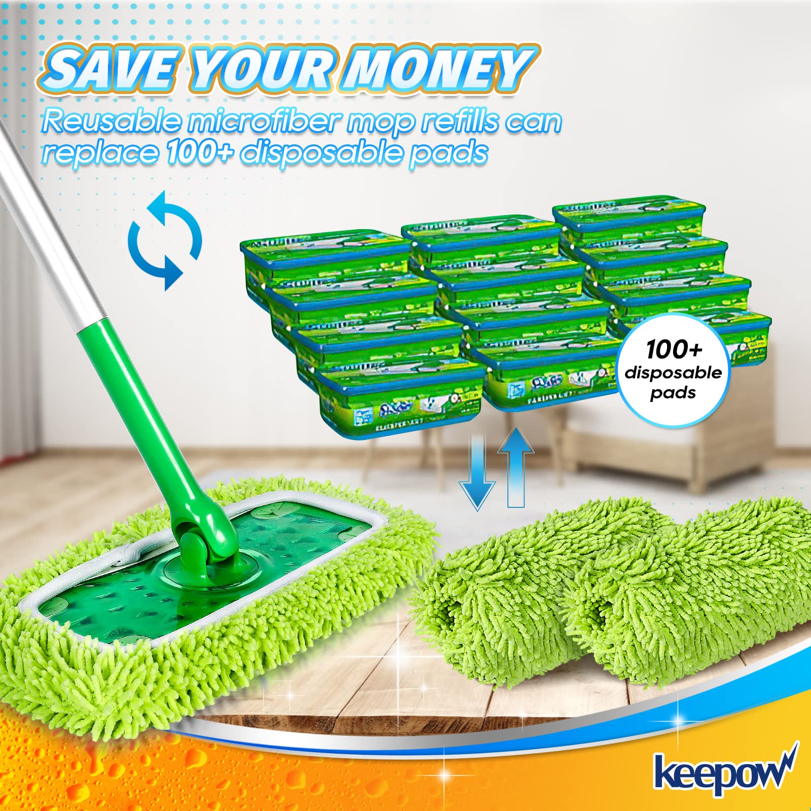 KEEPOW Reusable Microfiber Mop Pads Compatible with Swiffer Sweeper Mop, Dry Sweeping Cloths, Washable Wet Mopping Cloth Refills for Surface/Hardwood Floor Cleaning, 4 Pack (Mop is Not Included)