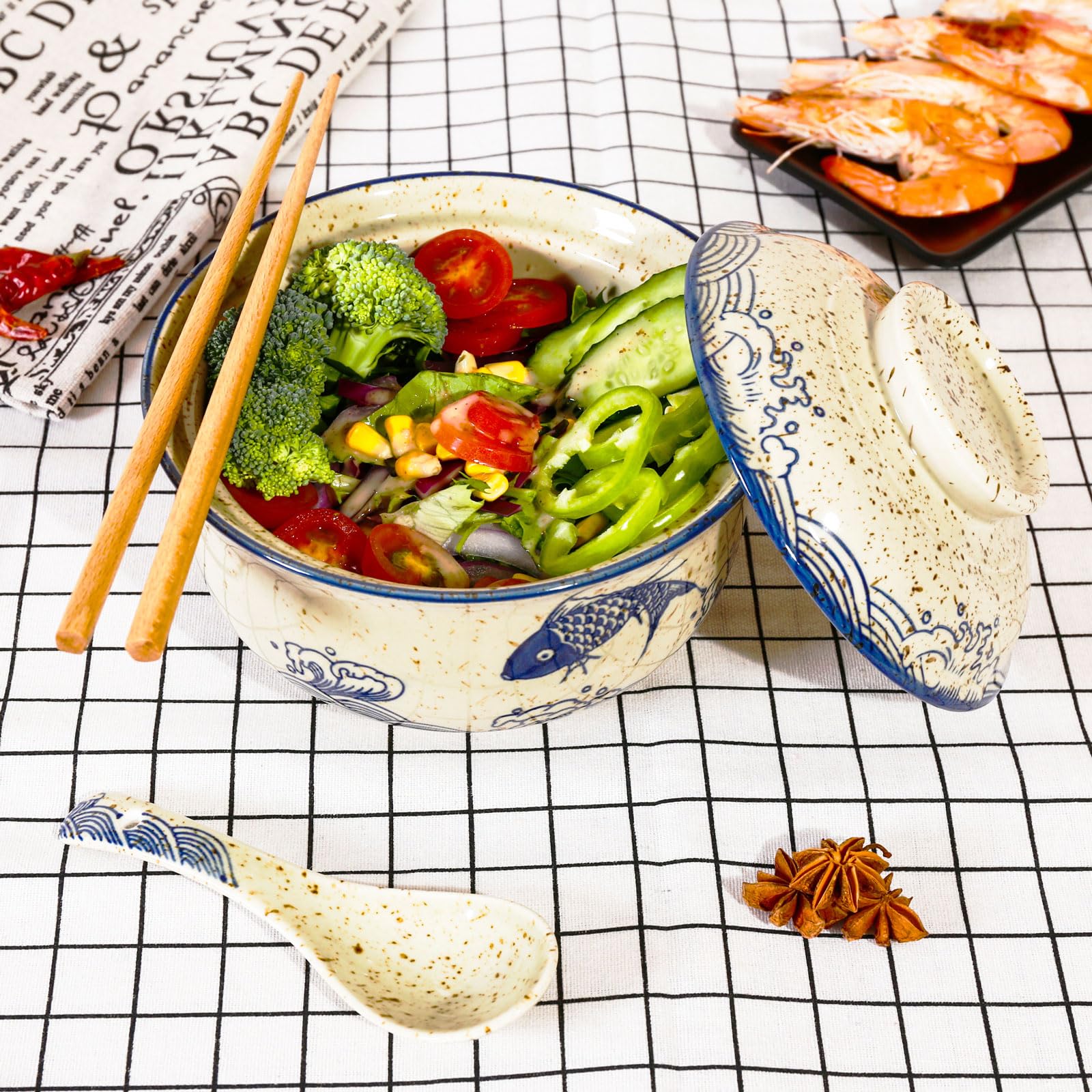 800ml Ceramic Ramen Bowl Set with Lid, Spoon and Chopsticks, Large Soup Bowls Japanese Vintage Instant Noodle Bowl Asian Tableware (Fish * 1)