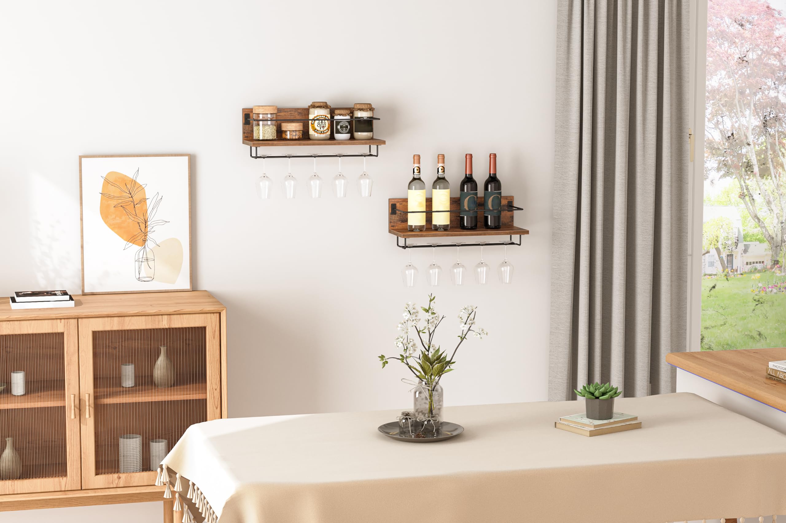 HOOBRO Wine Rack Wall Mounted 2 Pack, Wine Shelf Hanging Floating Wall Shelves, Wine Glass Bottle Rack Stemware Holder, for Living Room, Dining Room, Kitchen, Rustic Brown and Black BF28BJ01
