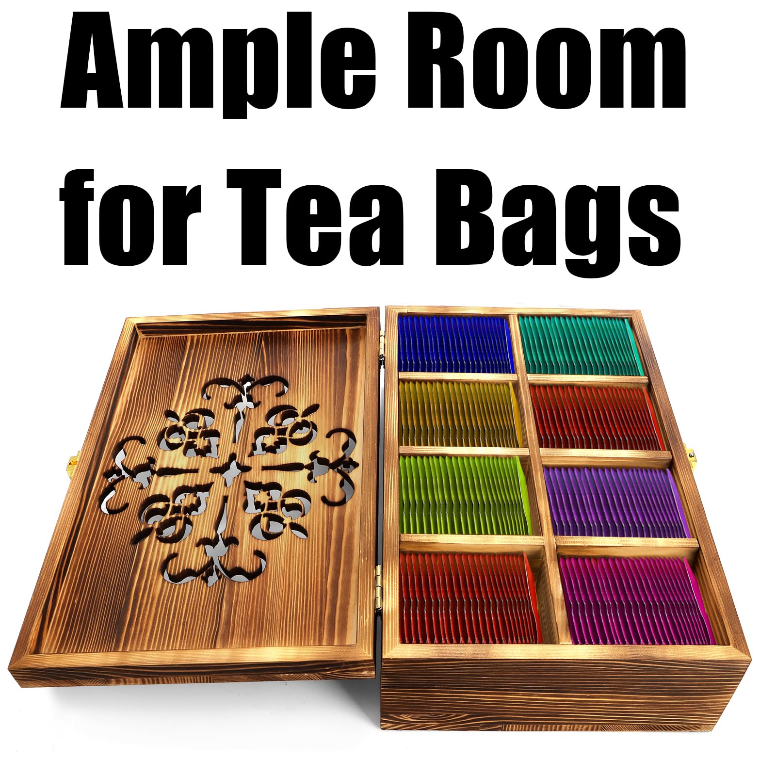 Coloch Wooden Tea Bag Storage Box with Carved Lid, 8-Compartment Tea Chest Organizer Spice Packets Container for Living Room, Kitchen, Gift for Office, Home Decor