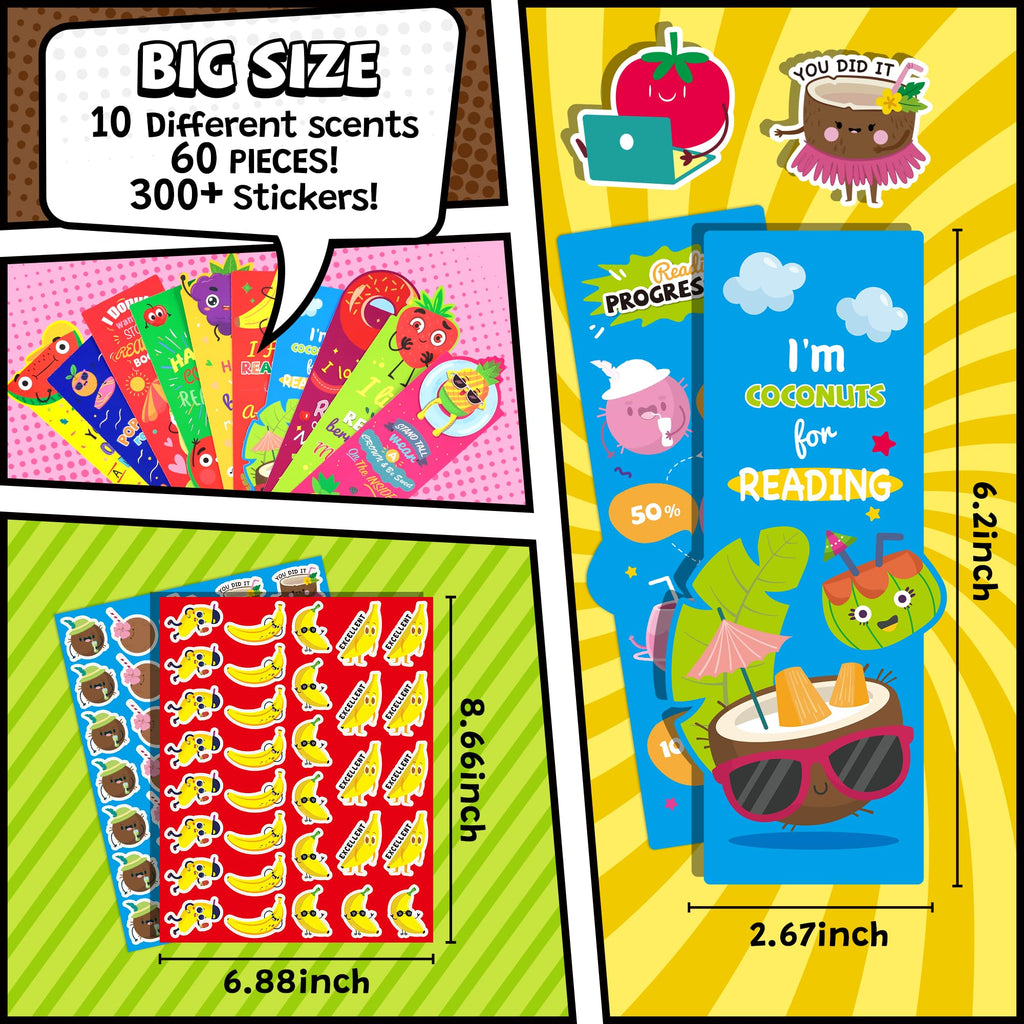 60PCS Scented Bookmarks Bulk for Kids, Scratch and Sniff Bookmarks Rewards, Scented Smelly Cute Fruit Theme Sayings Assorted Educational Gifts for Students Teachers Classroom,10 Styles