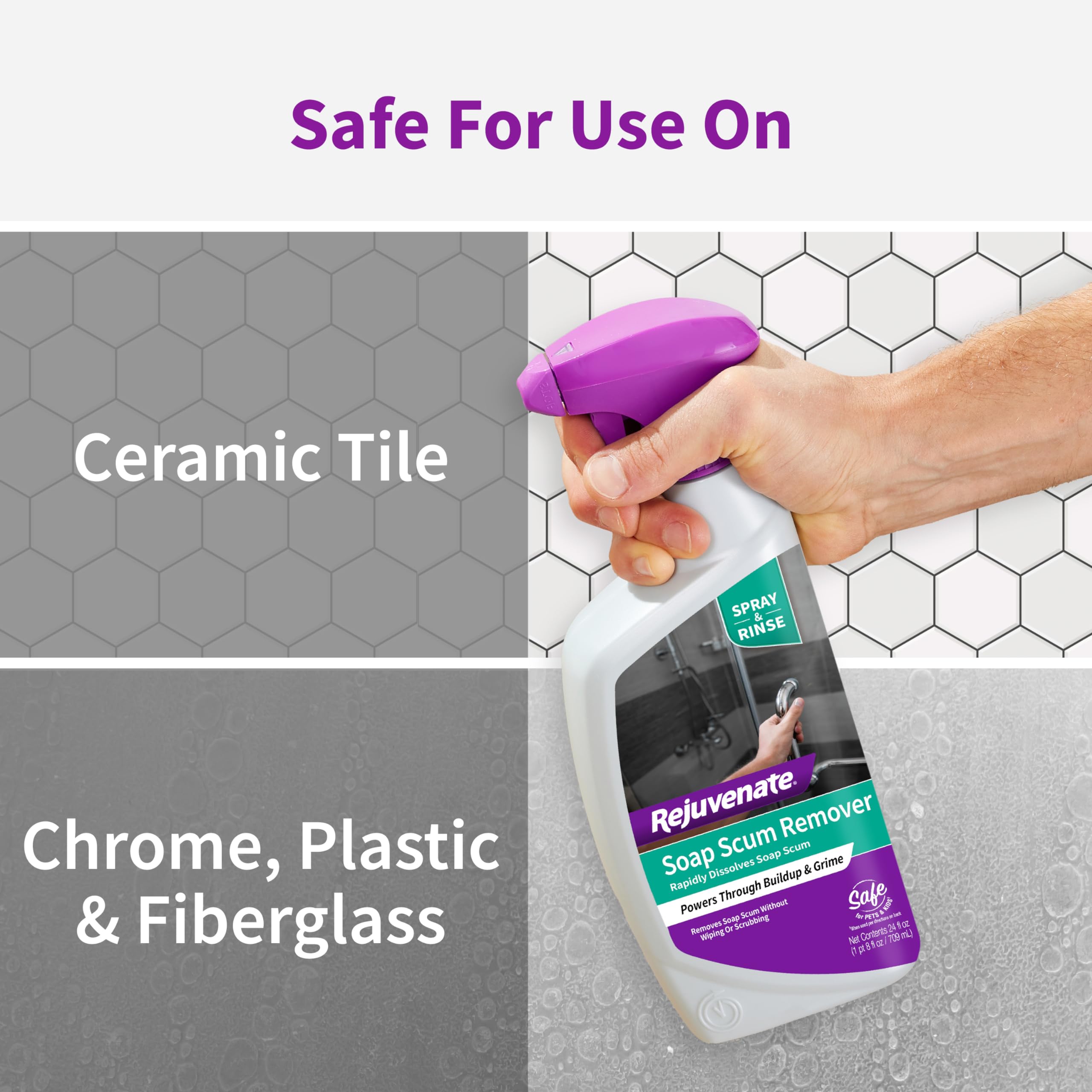Rejuvenate Scrub Free Soap Scum Remover Non-Toxic Non-Abrasive Cleaning Formula - Spray and Rinse for Streak Free Finish on Glass, Ceramic Tile, Chrome, Plastic and More – 24 Ounce
