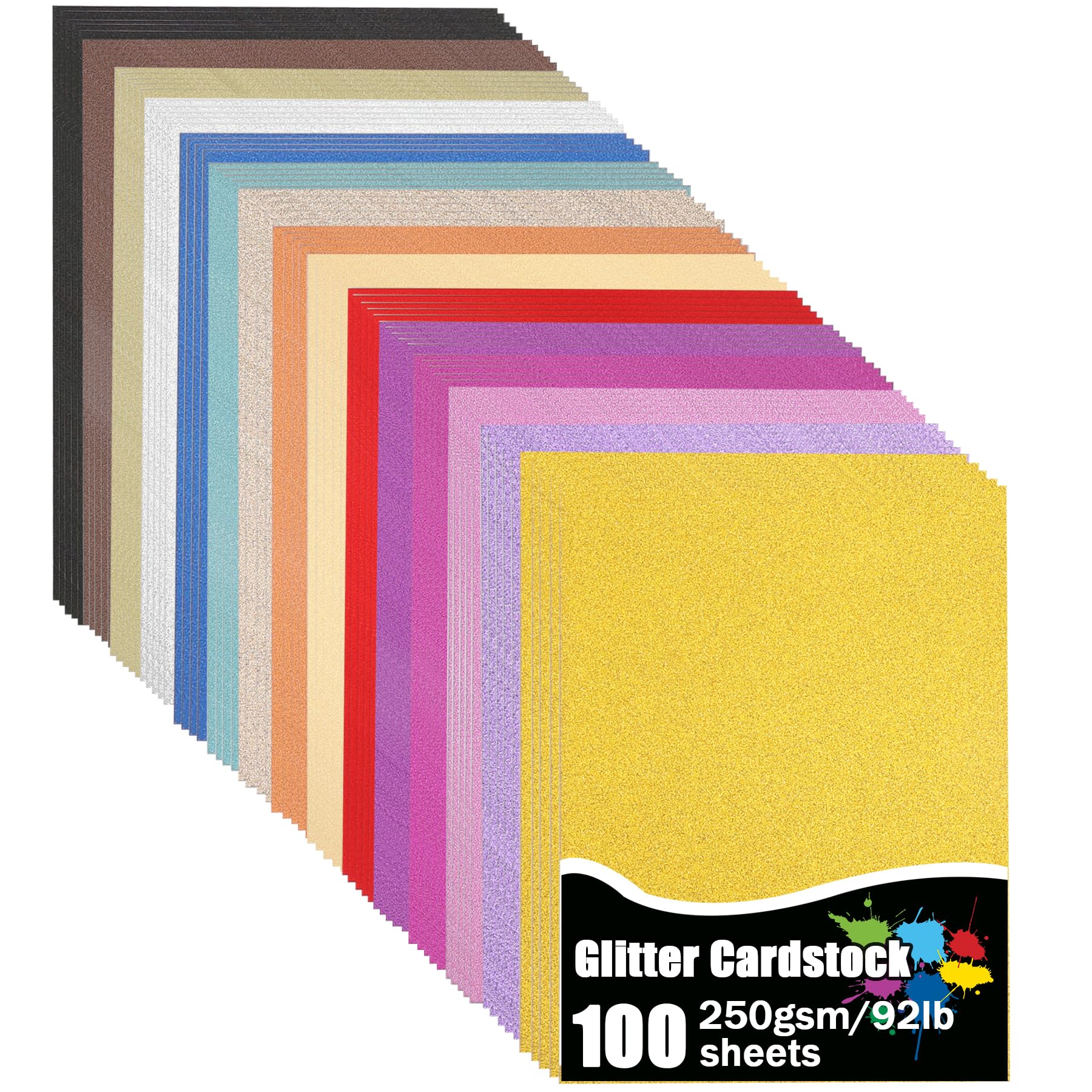 100 Sheets Glitter Cardstock, 15 Colors 250gsm/92lb Cardstock for Cricut, Crafts and DIY Projects, A4 No-Shed Sparkly Glitter Paper for Card Making
