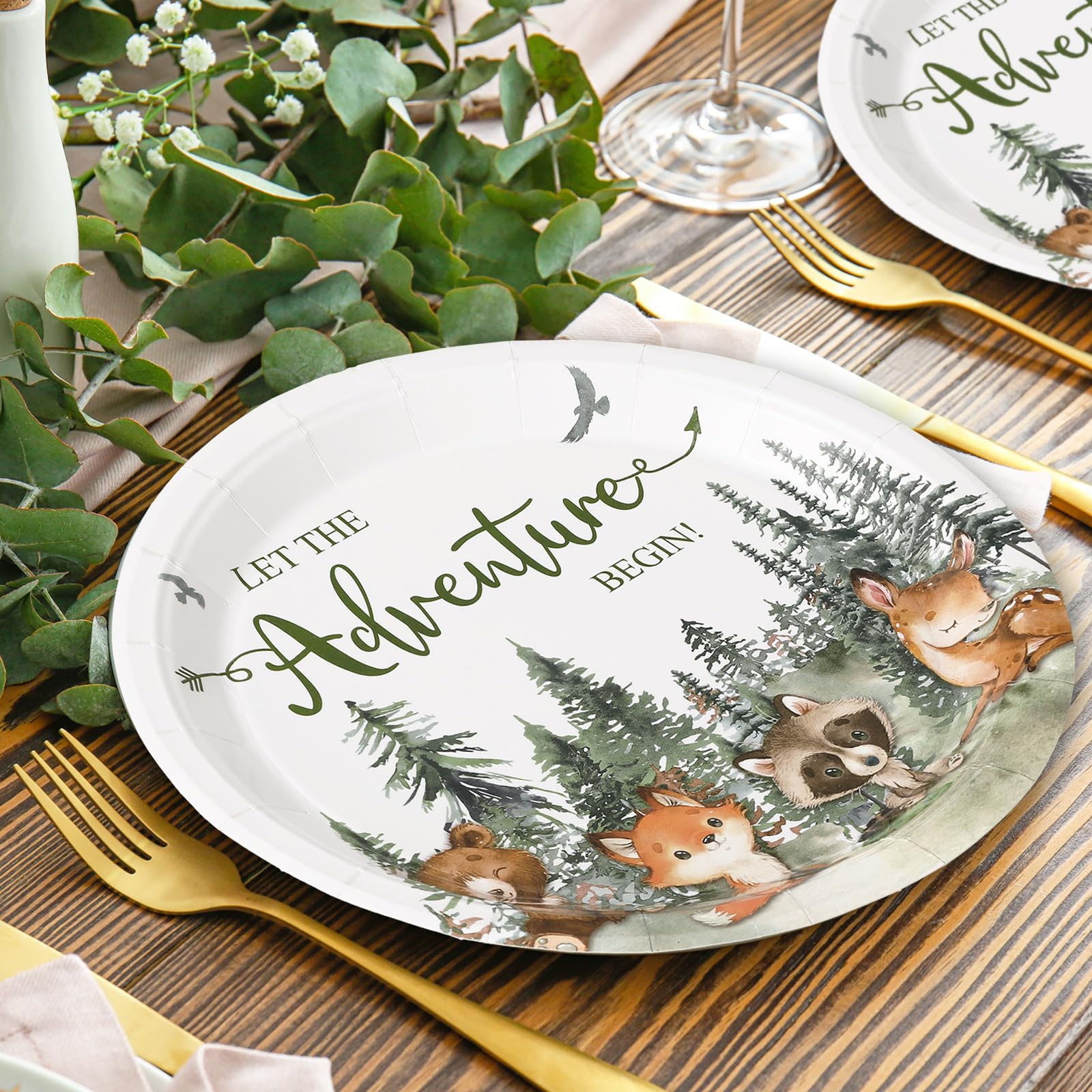 Whaline 72Pcs Adventure Awaits Party Supplies - Baby Shower Plates & Napkins - Woodland Animals Pattern - Disposable Tableware - 24 Guests - Paper Material - Casual Nature-Inspired Style