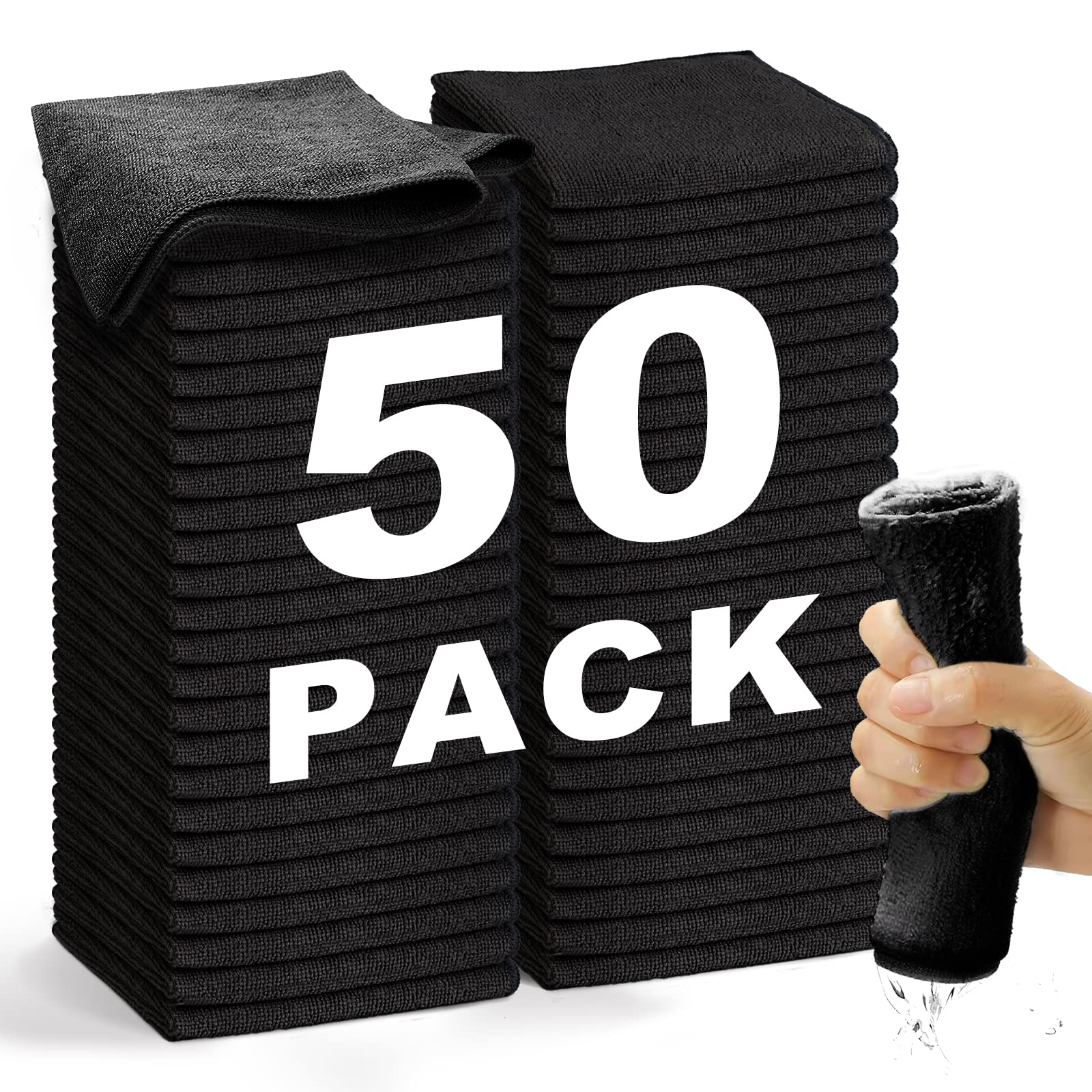 WEAWE Microfiber Cleaning Cloth - Black 50-Pack 13"x13" Reusable Ultra Soft & Super Absorbent, Lint-Free Micro Fiber Washable Towels Non-Scratch Streak-Free for Housekeeping Kitchen Car Multipurpose