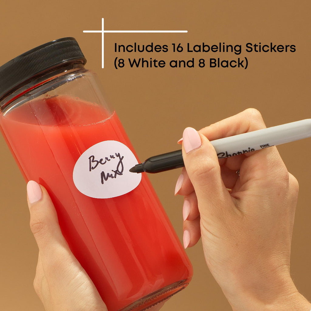 JoyJolt Glass Bottles, 16 oz Set of 8 With Caps and Labels for Fridge. Containers for Juice, Cold Brew, Smoothies