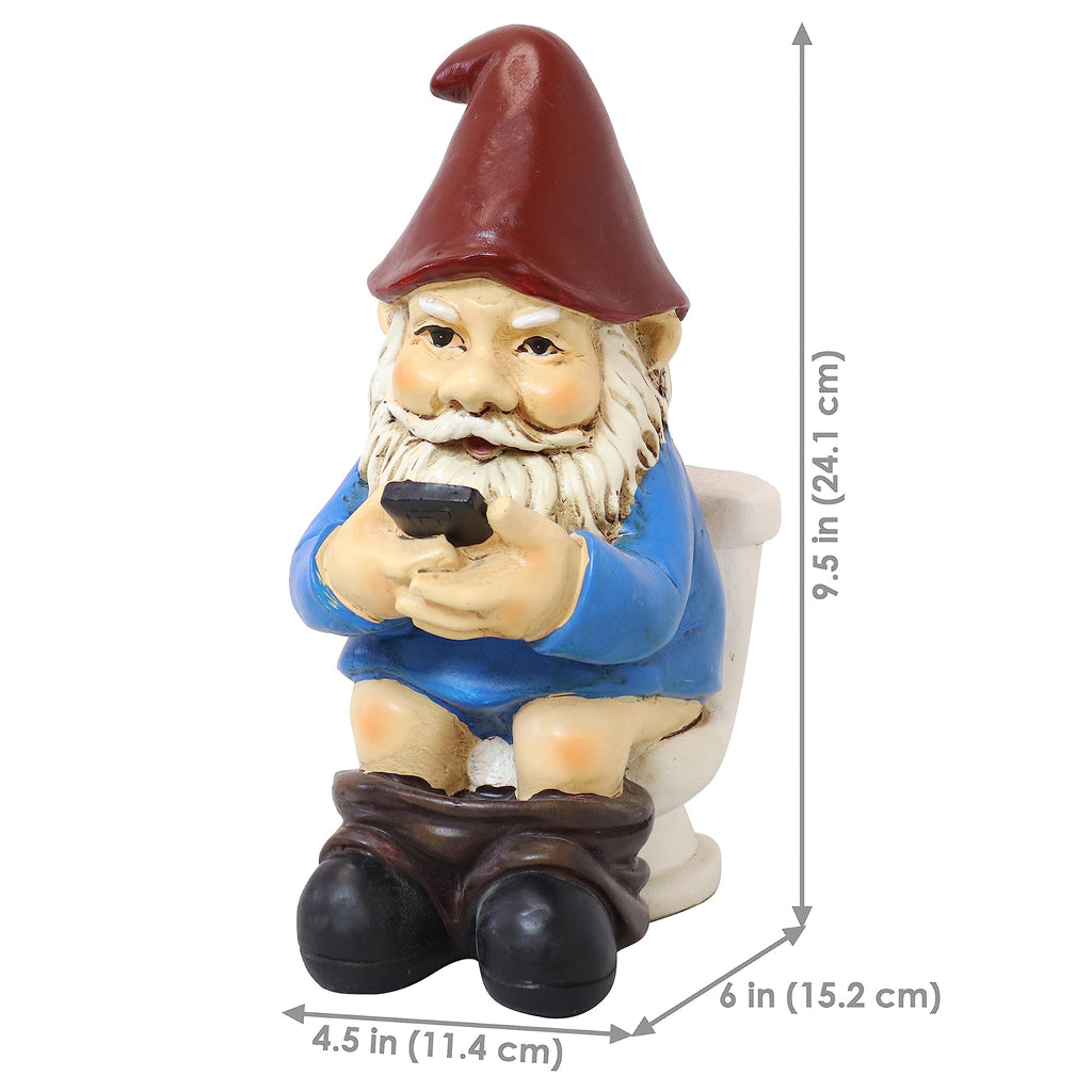 Sunnydaze 9.5" Cody The Funny Garden Gnome - Outdoor Gnome on The Throne Reading His Phone - Yard, Patio, Lawn, and Outdoor Decor