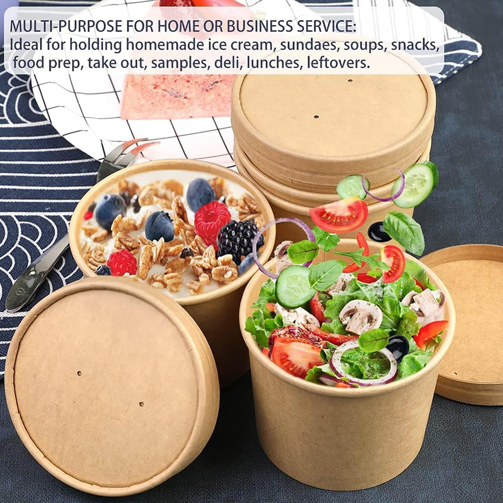 [25 Sets - 8 oz] Kraft Paper Food Soup Containers with Vented Lids, Microwavable Disposable Food Soup Bowls, Ice Cream Cups, Great for Restaurants - Extra 30 Hand Made Self-adhesive Labels