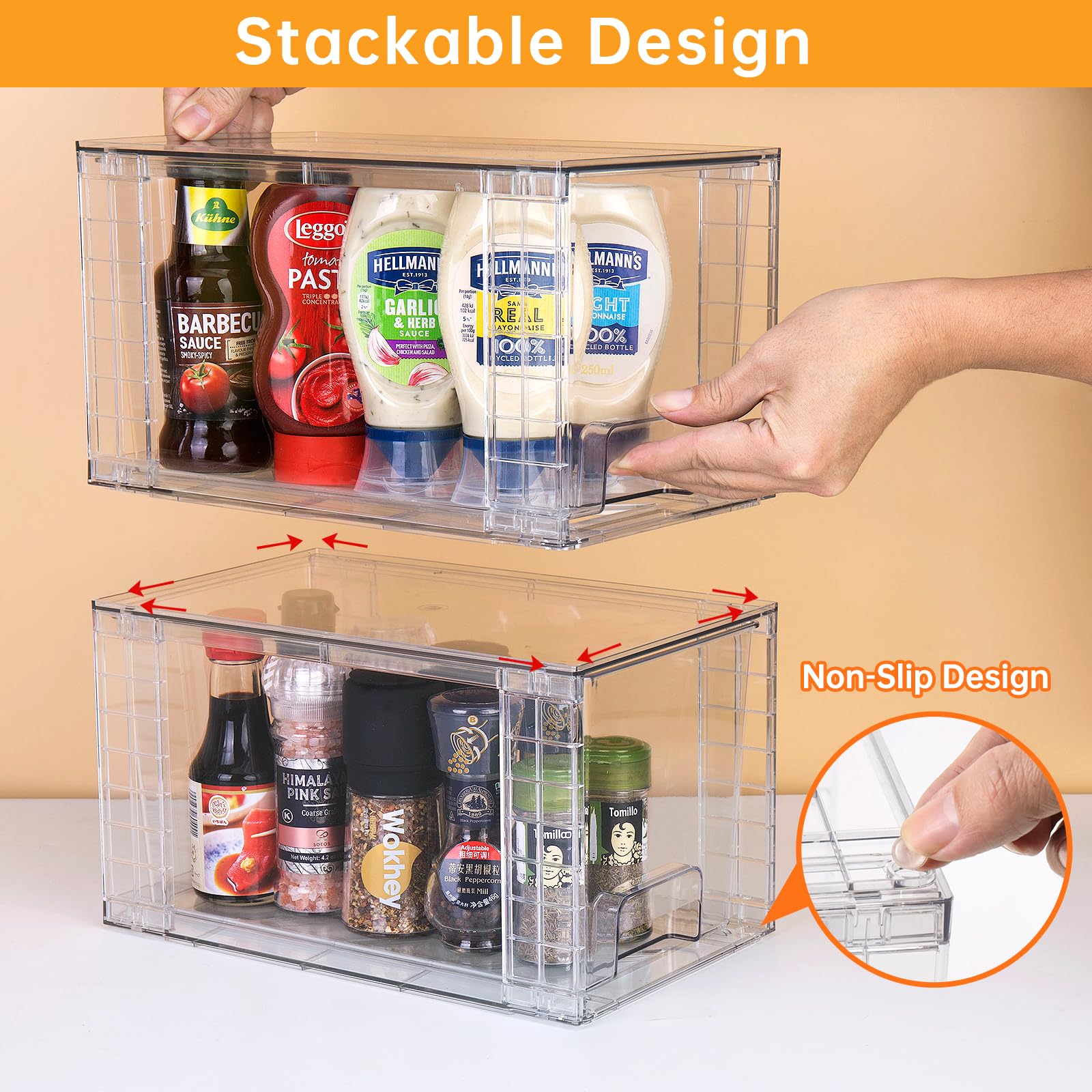 Zero Zoo 2Pack Large Stackable Kitchen Storage Drawers, Clear Foods Organizer Bins with Handles, Easily Assemble for Bathroom, Kitchen, Pantry, Cabinet, Closet (Down Handled)