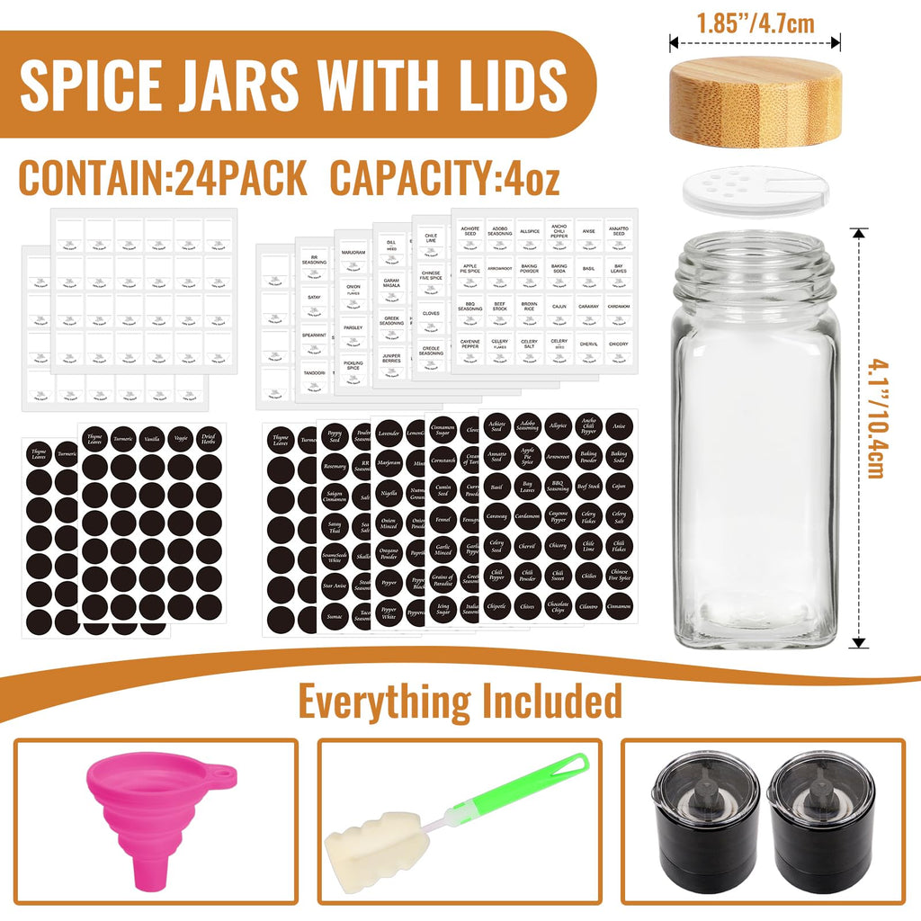 4oz Glass Spice Jars with Bamboo Lids, 24 Pack Empty Square Spice Bottles with Grinder, Stickers and Brush for Cabinet, Drawer, Rack, Pantry, Kitchen and Seasoning Organizer