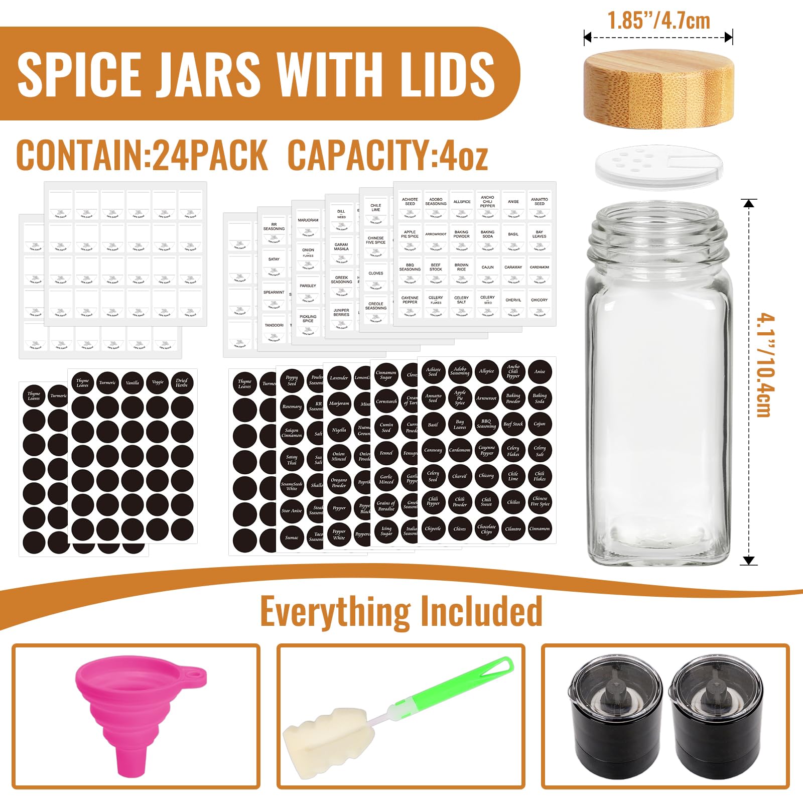 4oz Glass Spice Jars with Bamboo Lids, 24 Pack Empty Square Spice Bottles with Grinder, Stickers and Brush for Cabinet, Drawer, Rack, Pantry, Kitchen and Seasoning Organizer