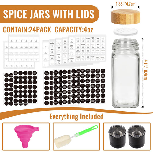 4oz Glass Spice Jars with Bamboo Lids, 24 Pack Empty Square Spice Bottles with Grinder, Stickers and Brush for Cabinet, Drawer, Rack, Pantry, Kitchen and Seasoning Organizer