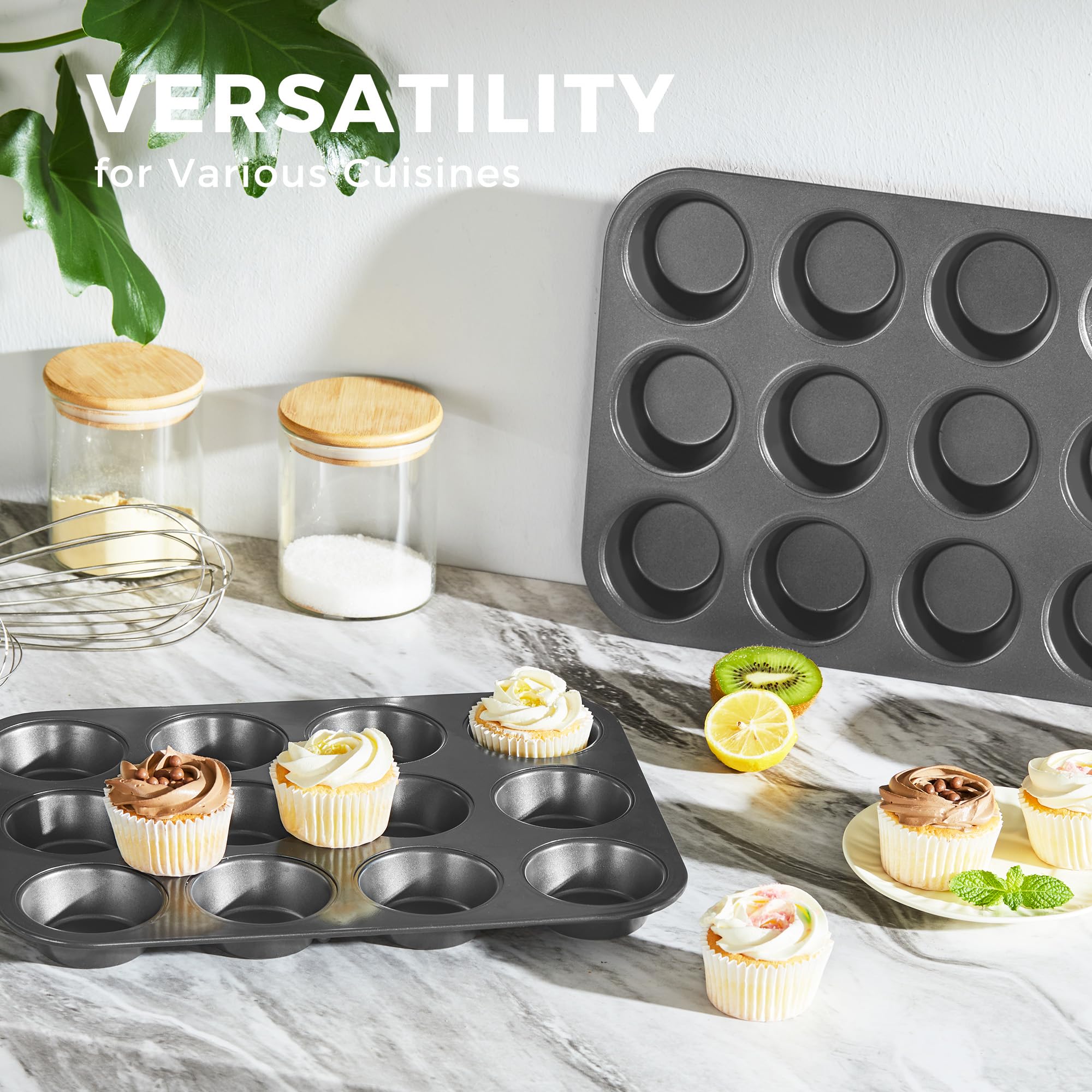 HONGBAKE Muffin Pan for Baking, Nonstick Cupcake Tin 12 Cup, 2 Pack Cup Cake Tray, Premium & Dishwasher Safe - Dark Grey