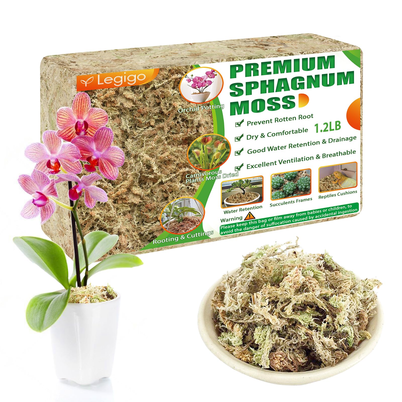 Legigo 1.2LBS Premium Sphagnum Moss for Plants- 20QT Natural Succulent Carnivorous Plant Moss Dried, Long Fiber Orchid Moss for Orchid Repotting Succulent Sarracenia Potted Plants Gardening & Reptiles