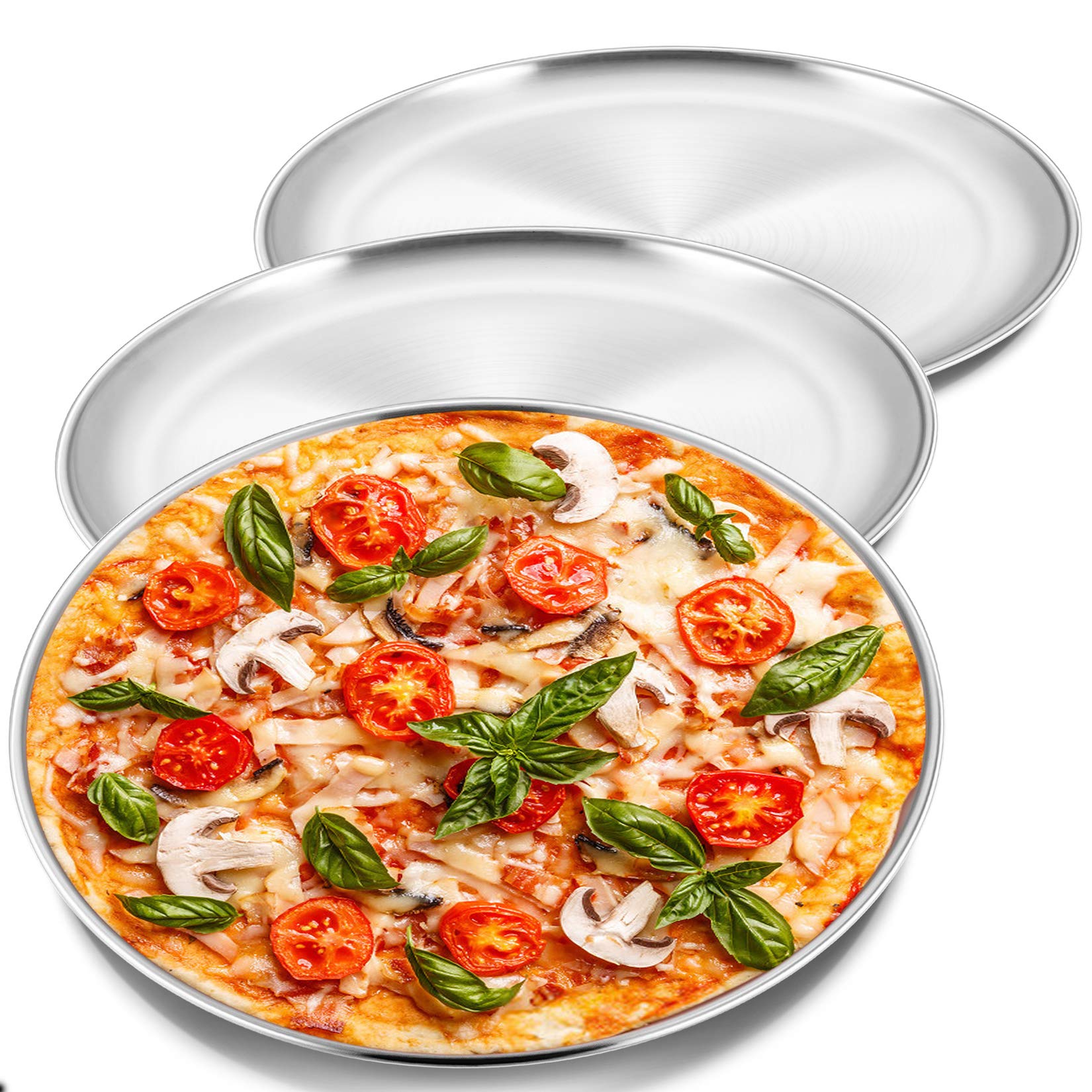 12 Inch Pizza Pan Set, 3 Pcs P&P CHEF Stainless Steel Round Baking Pizza Pans Pizza Tray for Pizza, Pie, Cake, Cookie, Non-Toxic & Healthy, Heavy Duty & Durable, Oven & Dishwasher Safe