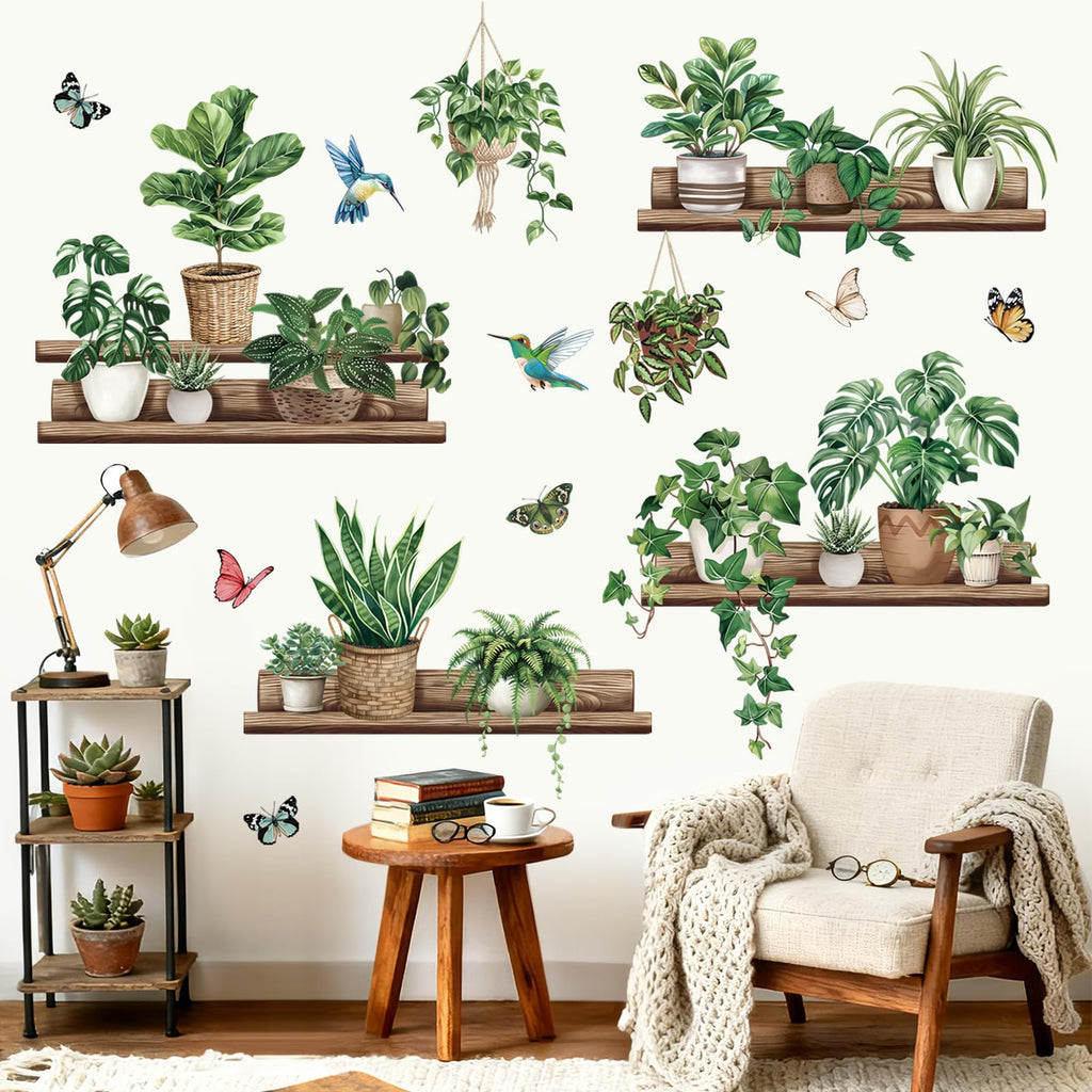 wondever Green Pot Plants Wall Stickers Leaves Potted Plant Butterfly Bird Peel and Stick Wall Art Decals for Living Room Bedroom Tv Background Wall Decor