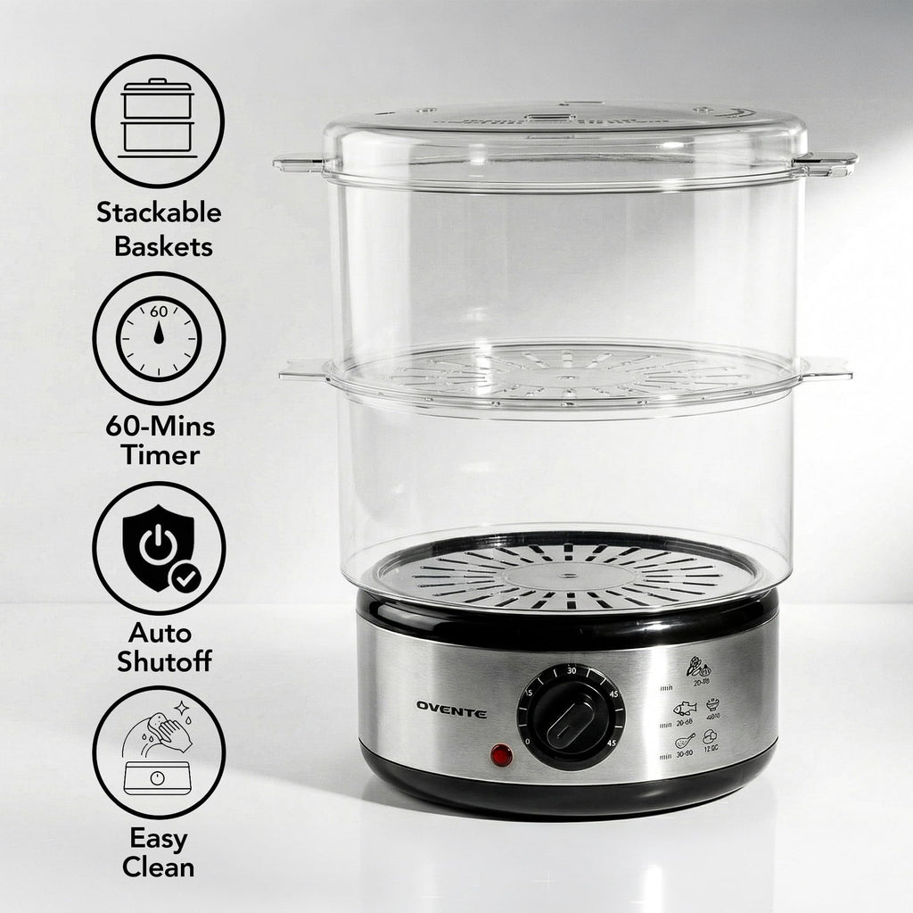 OVENTE 2 Tier Electric Food Steamer for Cooking Vegetables, Stainless Steel Base, Stackable and Dishwasher Safe Baskets, 400W with Auto Shutoff and 60-Minute Timer, 5 Quart Capacity, Silver FS62S