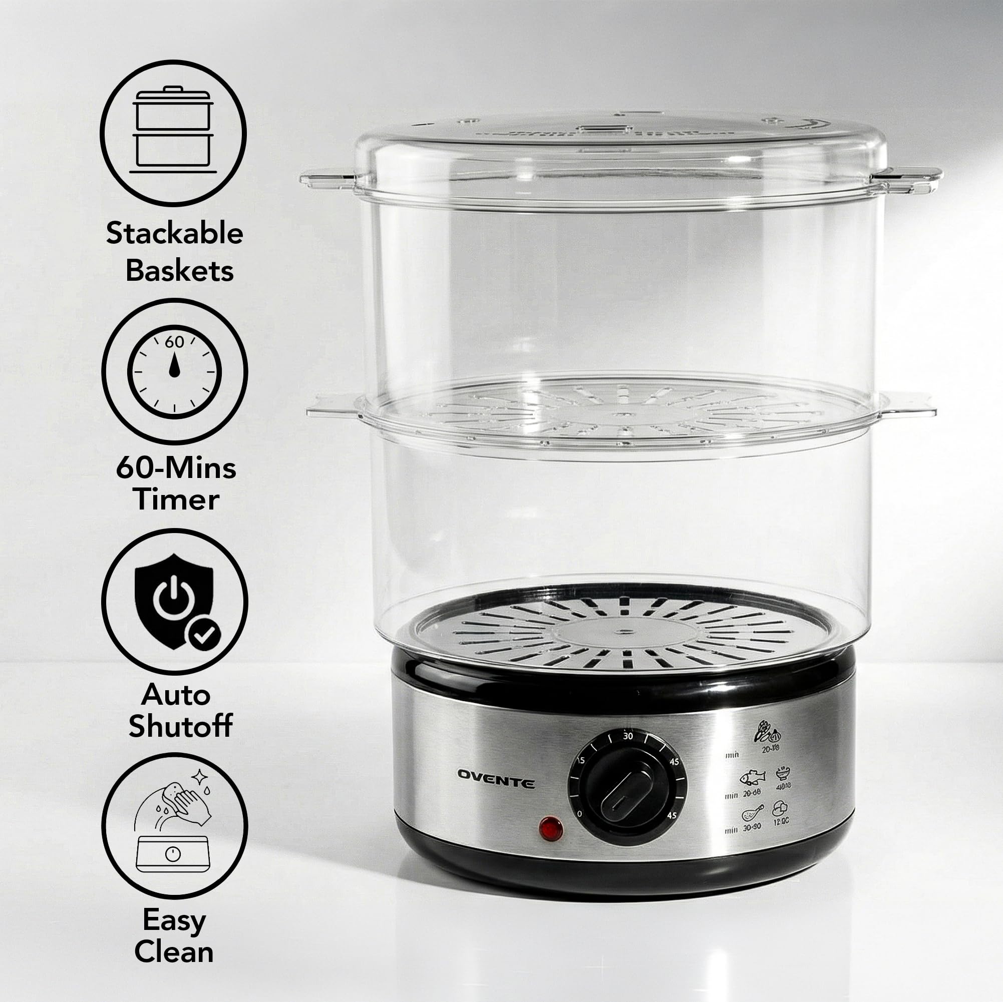 OVENTE 2 Tier Electric Food Steamer for Cooking Vegetables, Stainless Steel Base, Stackable and Dishwasher Safe Baskets, 400W with Auto Shutoff and 60-Minute Timer, 5 Quart Capacity, Silver FS62S