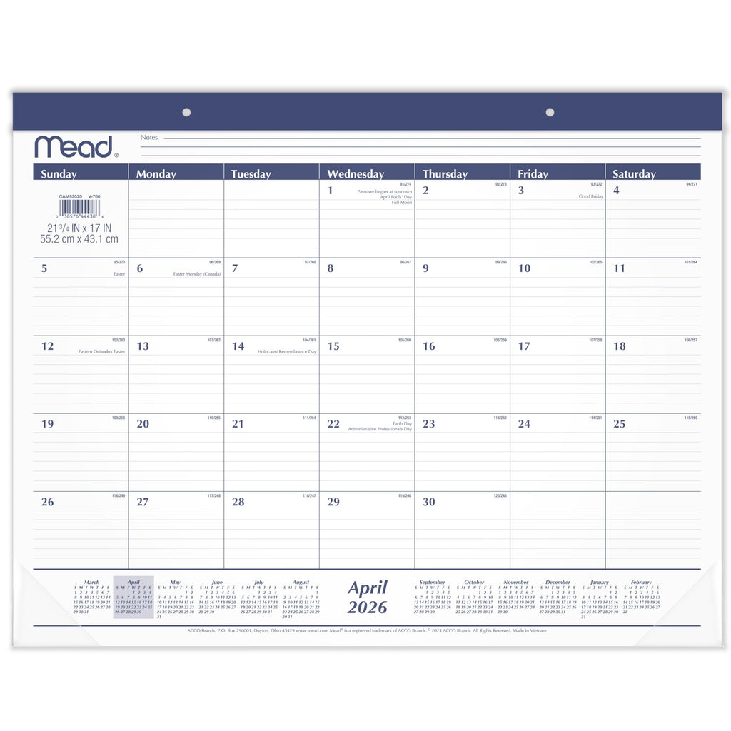 Mead Desk Calendar 2026-2027 Planning Pad, Academic 15-Month April-June, Monthly, 21-3/4" x 17" Standard, Ruled Daily Block, Basic (CAM92020)