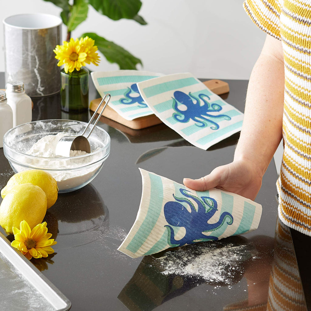 DII Swedish Dishcloths for Kitchen & Cleaning, Reusable, Machine Washable & Dishwasher Safe, Biodegradable, 7.75 x 6.75, Octopus, 3 Piece