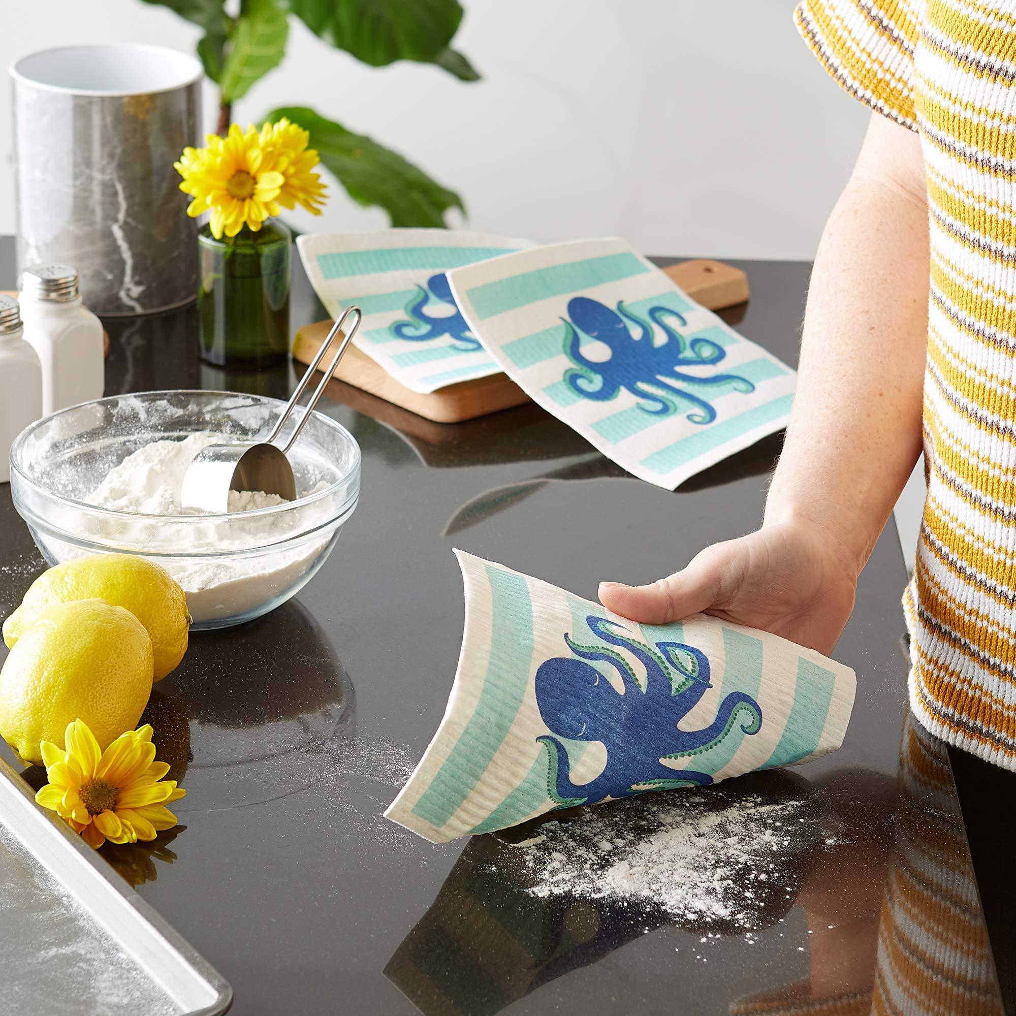 DII Swedish Dishcloths for Kitchen & Cleaning, Reusable, Machine Washable & Dishwasher Safe, Biodegradable, 7.75 x 6.75, Octopus, 3 Piece
