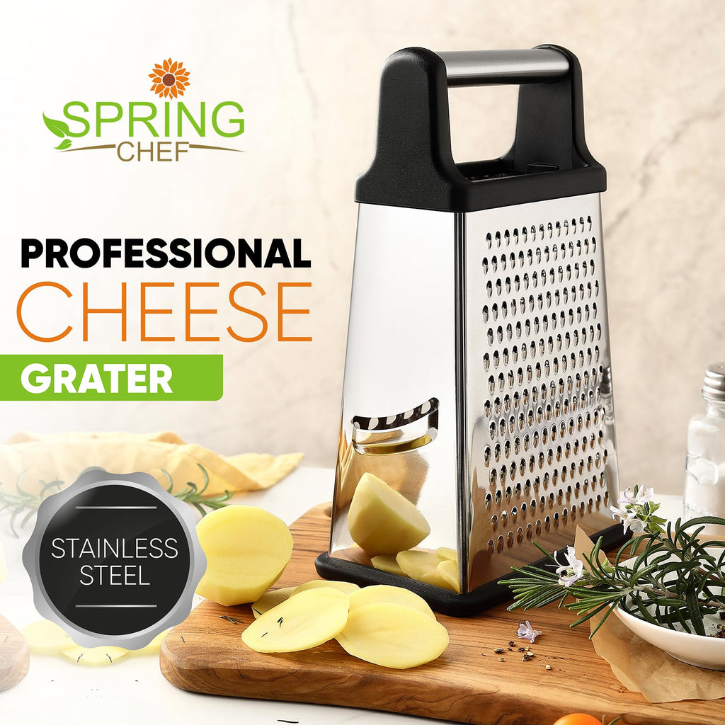 Professional Cheese Grater - Stainless Steel, XL Size, 4 Sides - Perfect Box Grater for Parmesan Cheese, Vegetables, Ginger - Dishwasher Safe - Black