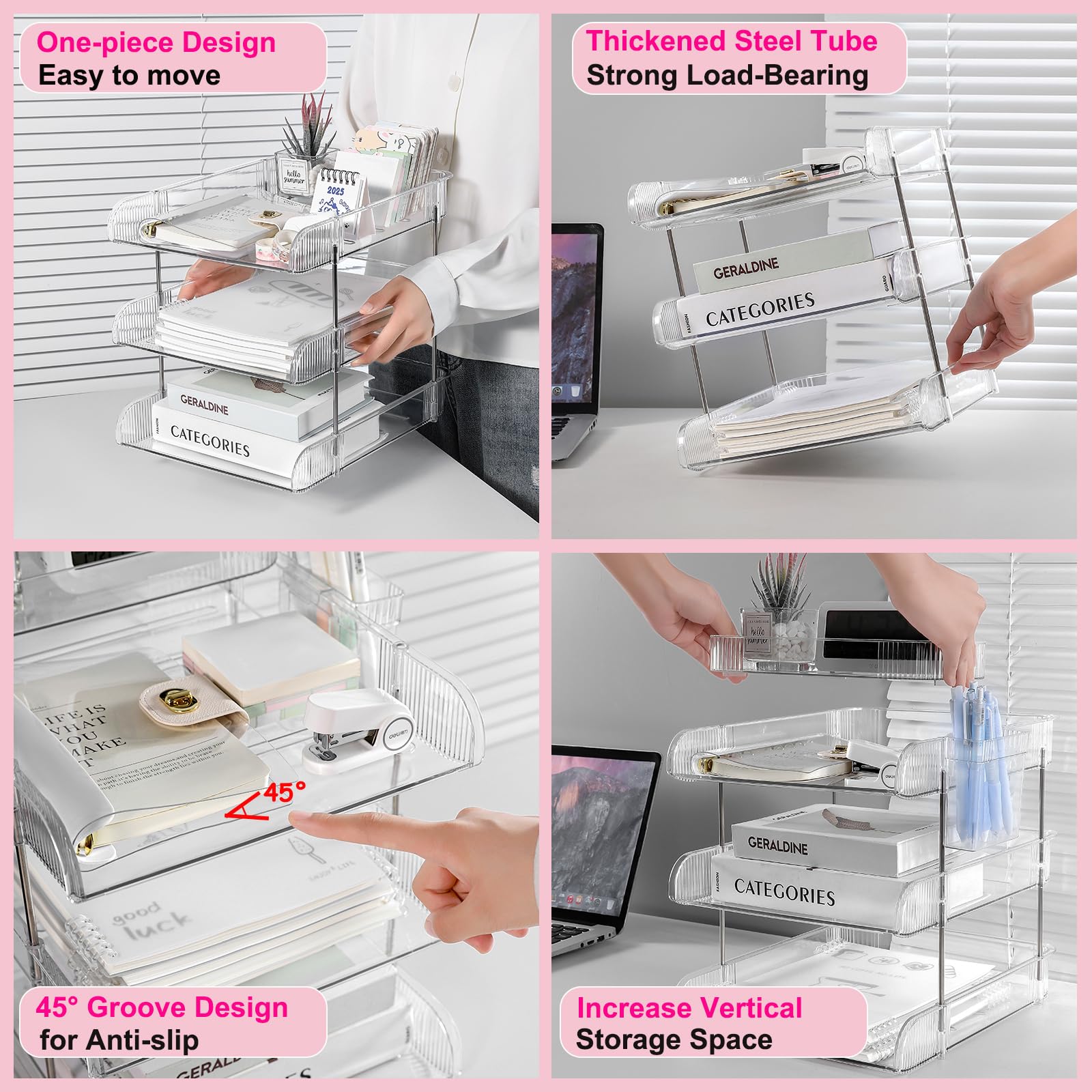 Paper Organizer Letter Tray - Arcylic Desk File Organizer with Pencil Holder and Top Box, Stackable Paper Organizer for Desk, Office Organizers for Letter/A4 Office File, Books