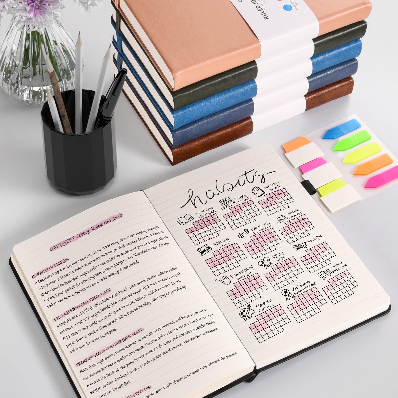 Lined Journal Notebook, Large A5 College Ruled Notebook, 314 Numbered Pages Work Notebook with Index Stickers, 100gsm Thick Paper, Hardcover Vegan Leather Journal for Women Men School Office, Black