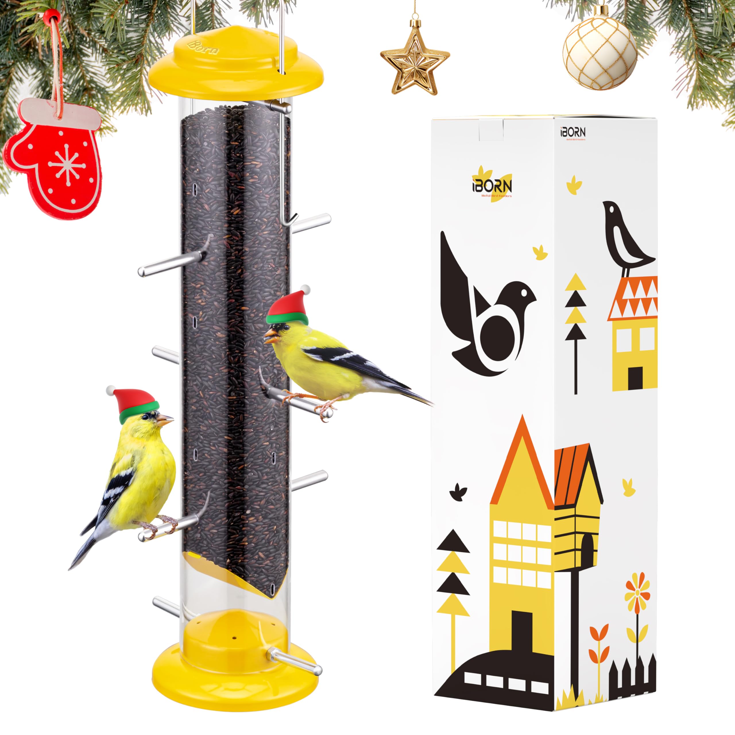 iBorn Nyjer & Thistle Bird Feeder for Outdoors Hanging，Finch Feeders for Outside，Metal Tube Bird Feeder 14 Inch with 12 Small Ports,8 Metal Perches,Yellow