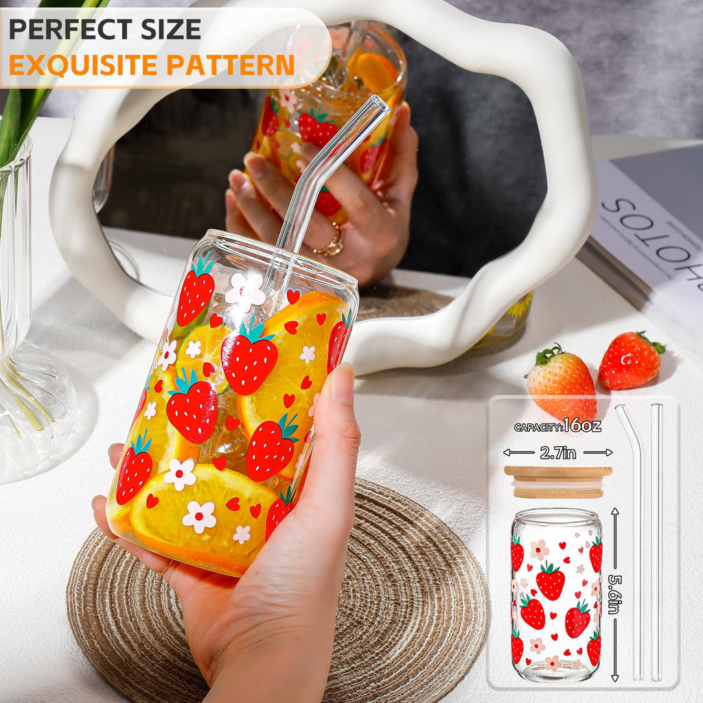 DWTS Glass Cups with Lids and Straws - Strawberry Design 4 Pcs, 16 oz Clear Drinking Glasses Set, Tumbler, Cute Iced Coffee Cups