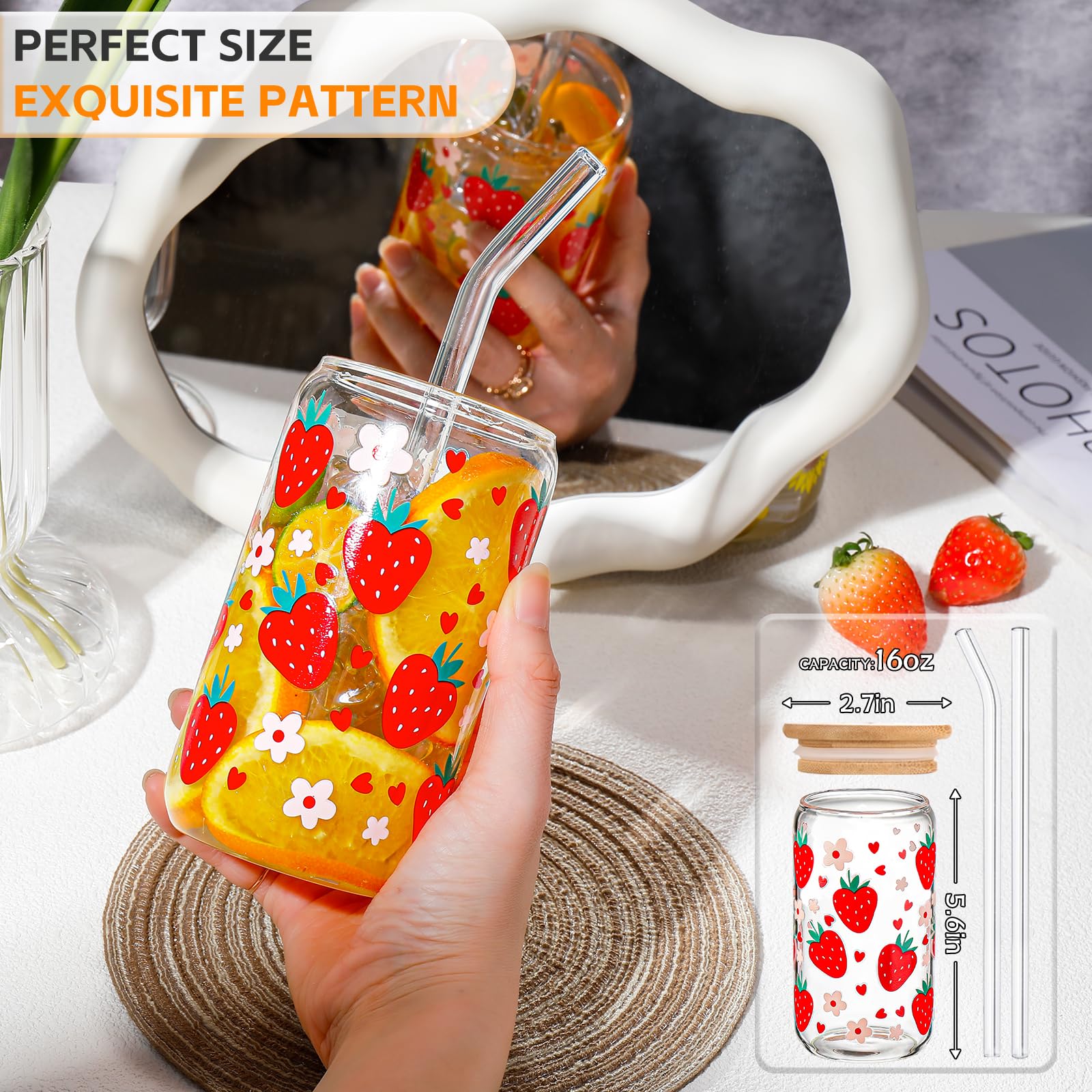 DWTS Glass Cups with Lids and Straws - Strawberry Design 4 Pcs, 16 oz Clear Drinking Glasses Set, Tumbler, Cute Iced Coffee Cups