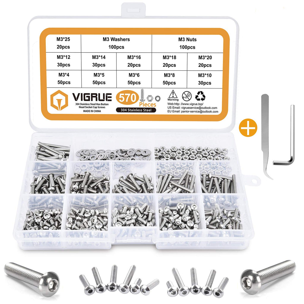 VIGRUE 570PCS Stainless Steel M3 Button Head Hex Socket Cap Screw Bolts, M3 x 4/5/6/8/10/12/14/16/18/20/25mm Screw and Nuts Flat Washer Assortment Kit, Fully Machine Thread