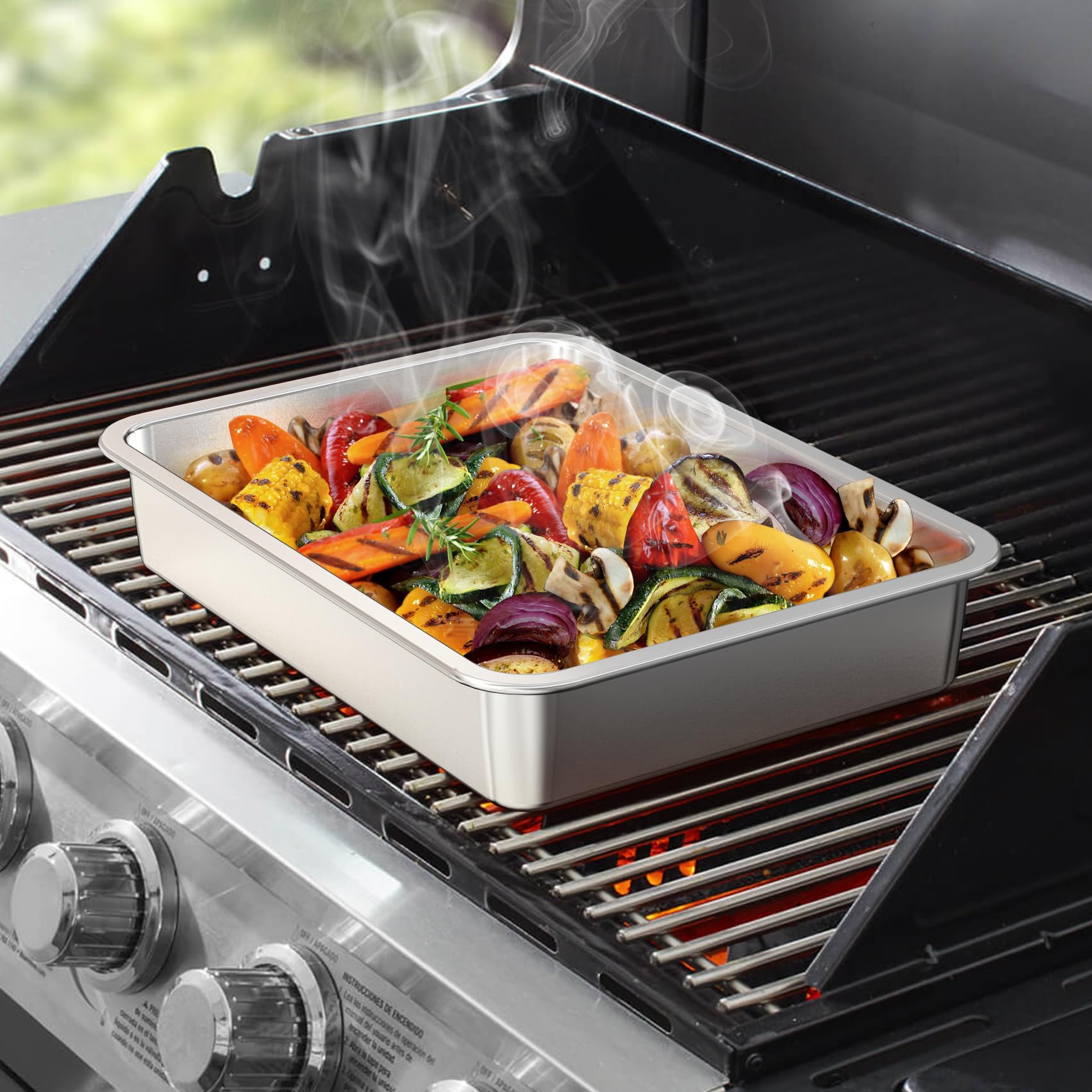 Onlyfire Stainless Steel Baking Pan Barbeque Grilling Pan for Baking Breads, Grilling Chicken, Vegetables,15.5" X 11.6" X 2.8"