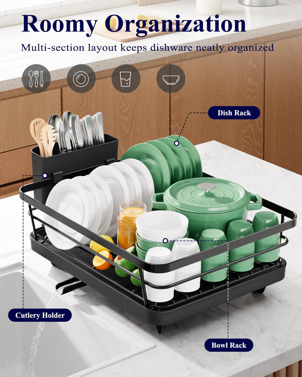 Kitsure Dish Drying Rack - Space-Saving Kitchen Counter Organizer with Cutlery Holder, Over Sink Stainless Steel Dish Rack, 29 x 38cm, Black