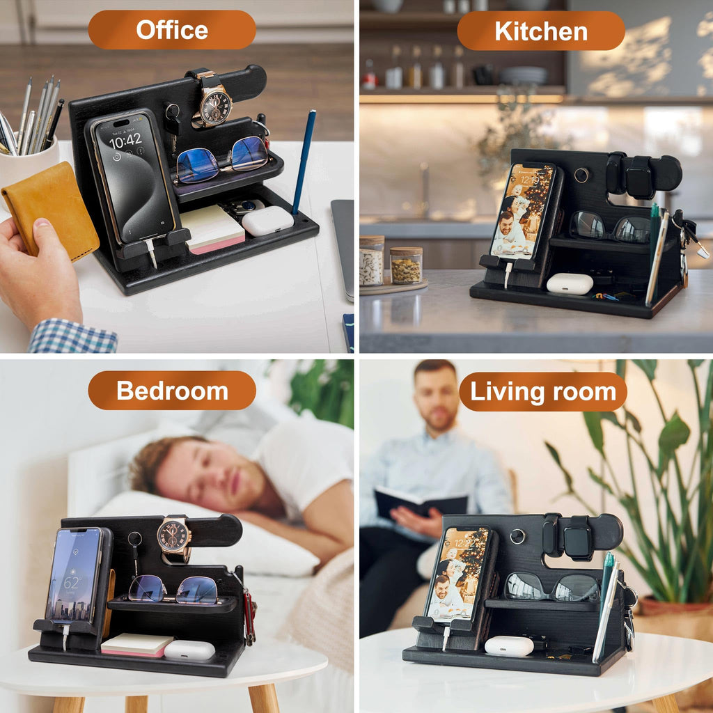 TESLYAR Wood Phone Docking Station - Gifts for Men - Desk or Nightstand Organizer - Birthday Gift for Husband, Dad - Anniversary Idea from Wife - Key Holder, Stand Wallet & Essentials (Granite Black)