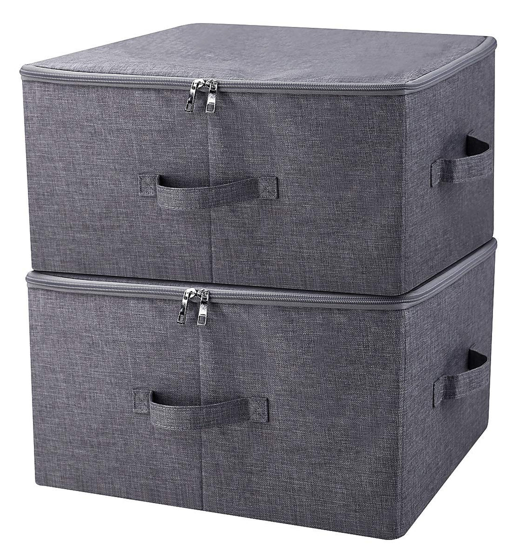 Pack of 2, Zip Lid Stackable Storage Boxes for Clothes Organizer in Wardrobe, Folding & Washable, Black Gray
