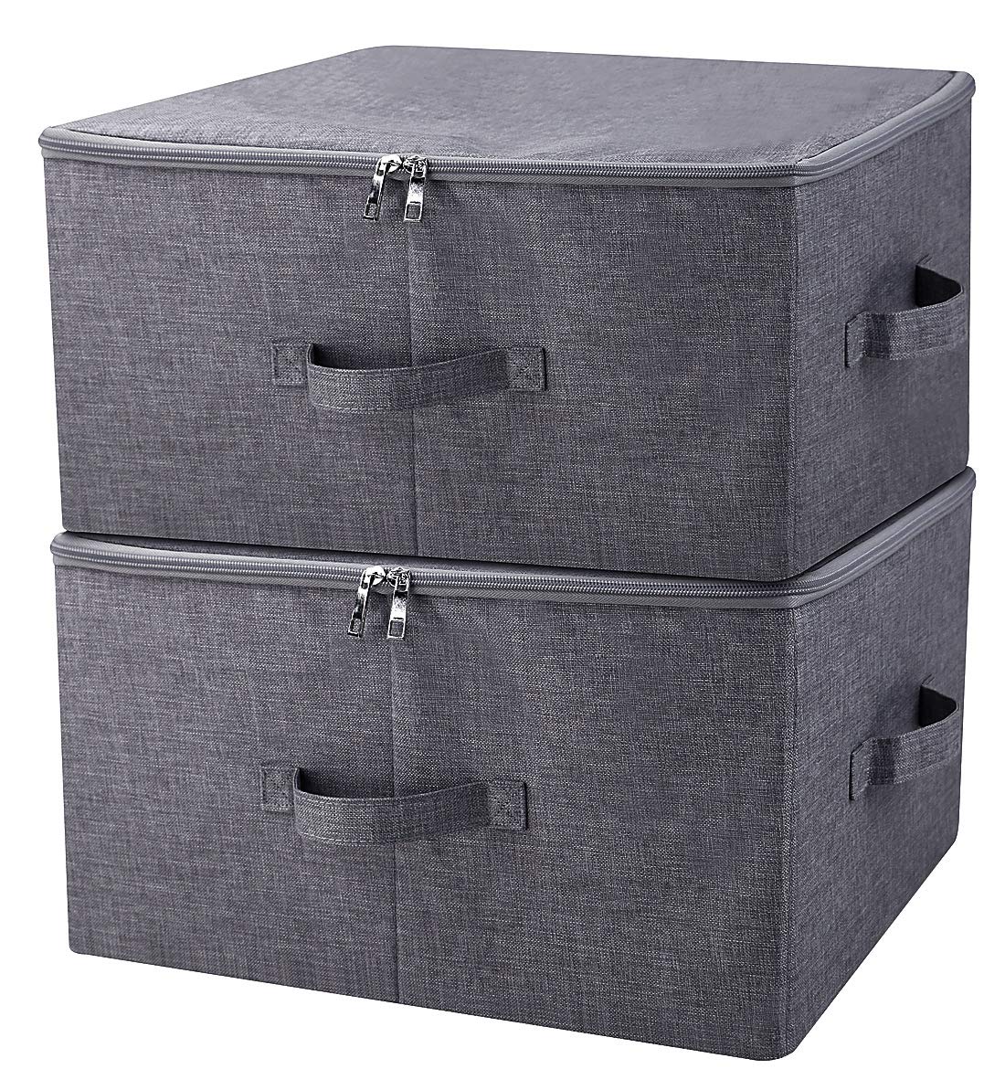 Pack of 2, Zip Lid Stackable Storage Boxes for Clothes Organizer in Wardrobe, Folding & Washable, Black Gray